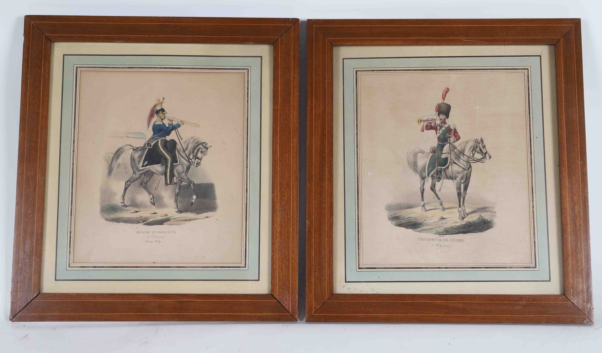 Null 多色石版画一对

小号和向导，乐师和骑兵的小号

1830年左右的比利时部队

玻璃下的框架

尺寸：35x33和36x30厘米