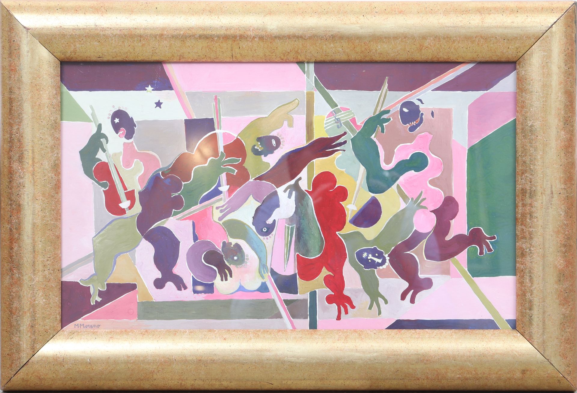 Null 米歇尔-莫雷诺（生于1945年）的 "爵士乐" 
法国画家 
纸板上的水粉画，左下方有签名。 
实现年份：1991年 
尺寸：高：30；宽：50厘米