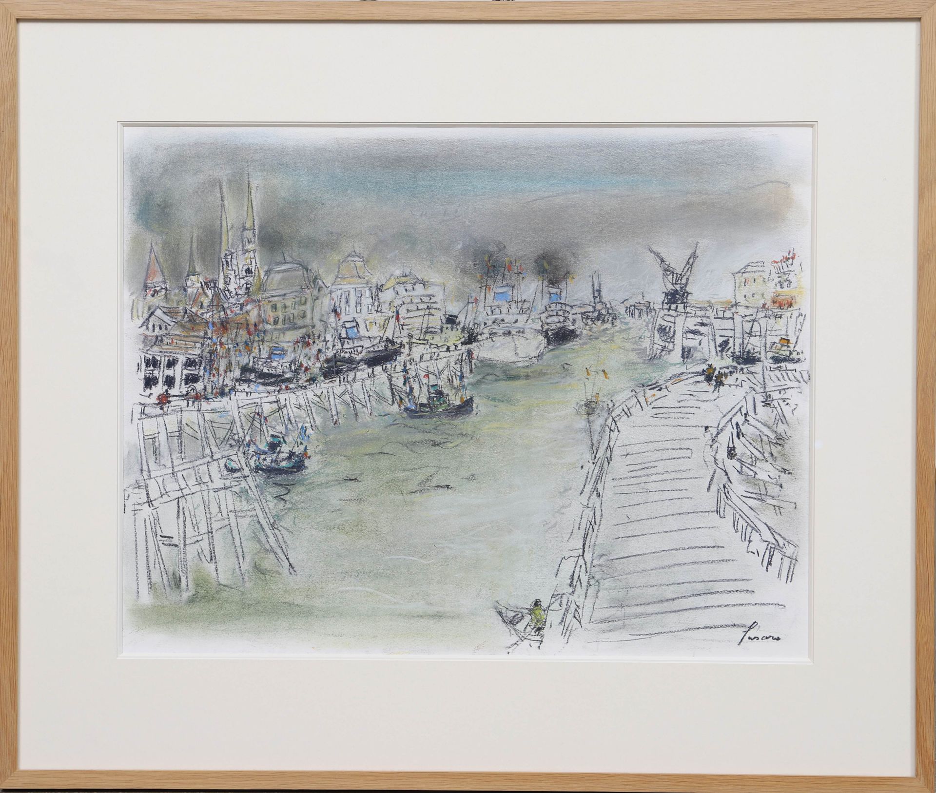 Null 让-福萨罗（生于1925年） 
法国画家和广场艺术家 
纸上粉彩，港口风景。 
右下方有签名。 
20世纪时期 
目测尺寸：高：43；宽：56厘米