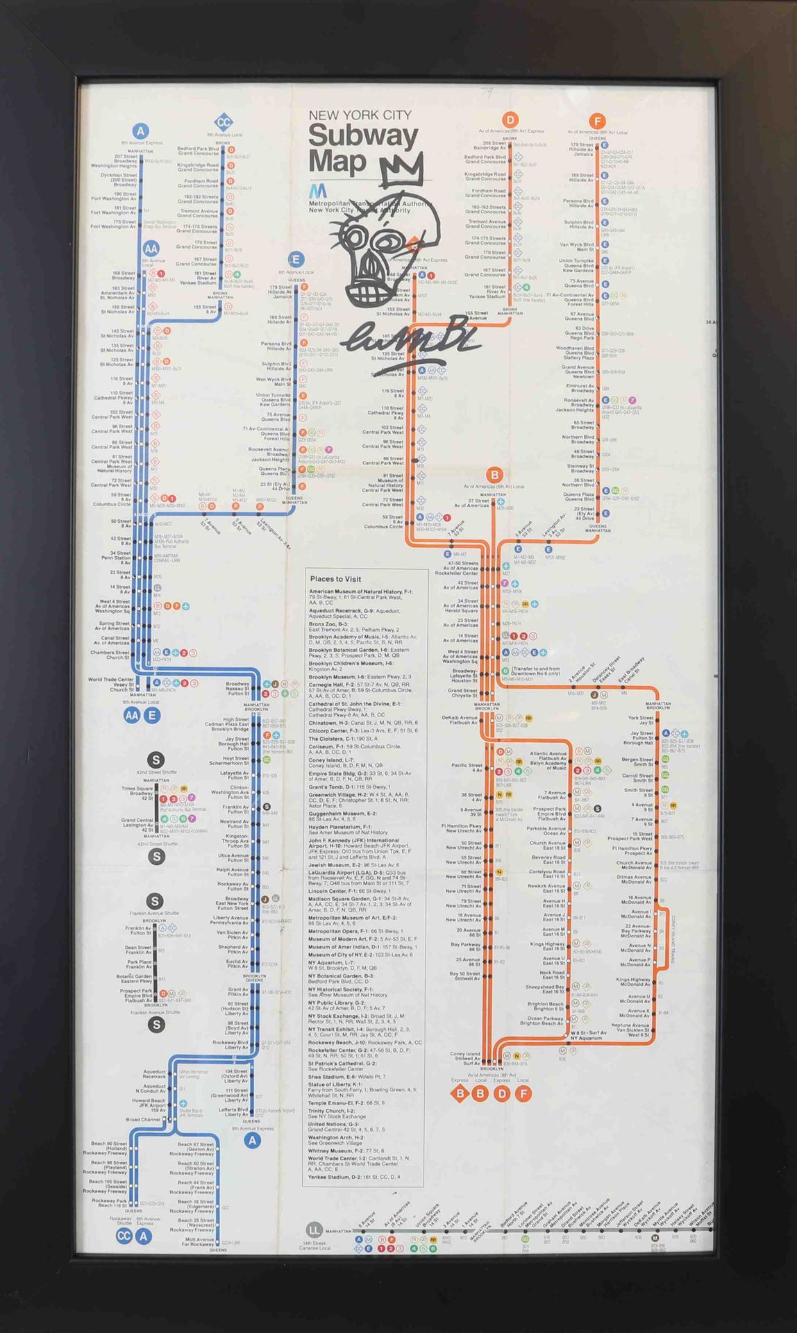 Null 让-米歇尔-巴斯奇亚（1960-1988）之后 
地铁地图 纽约市地铁。在让-米歇尔-巴斯奇亚之后绘制。 
在玻璃下装框 
尺寸：高：60；宽：36.&hellip;