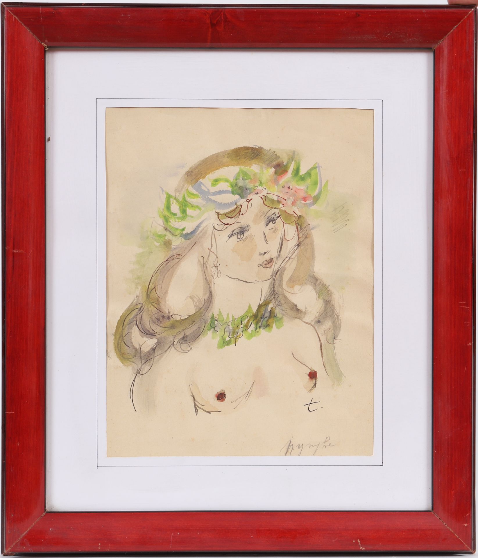 Null Louis Touchagues (1893-1974) Attr. 
戴着花冠的女人半身像 
水彩画，归功于艺术家路易斯-陶卡格 
20世纪时期 
&hellip;