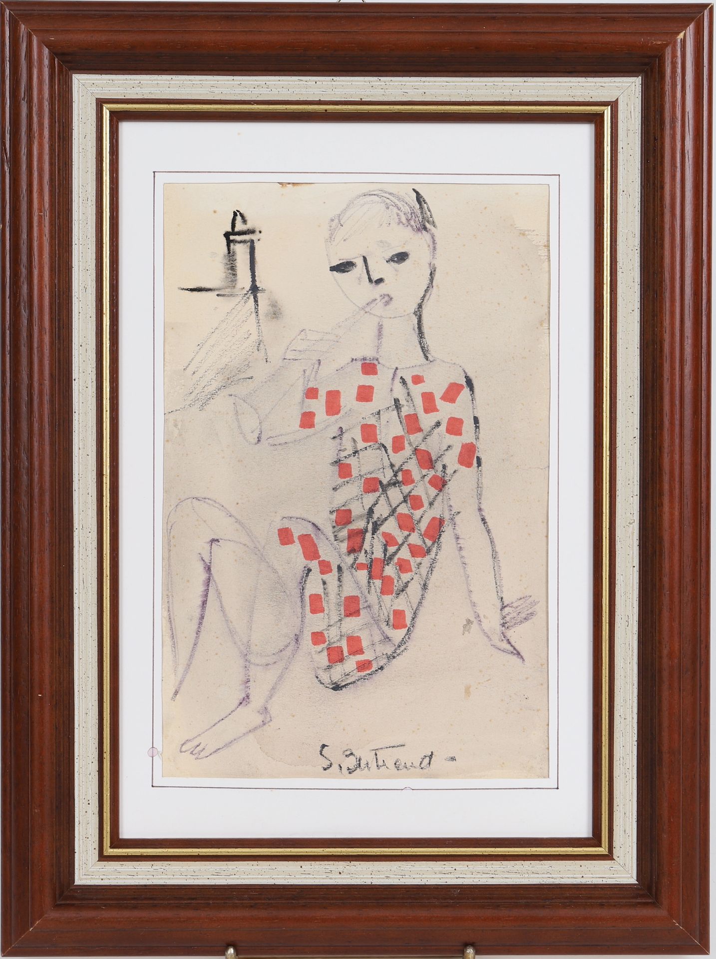 Null 索朗-贝特朗 (1913-2011) 
"吹笛子的年轻女孩 
纸上混合媒体，安装在纸板上 
在底部有签名 
20世纪时期 
目测尺寸：高：24；宽：1&hellip;