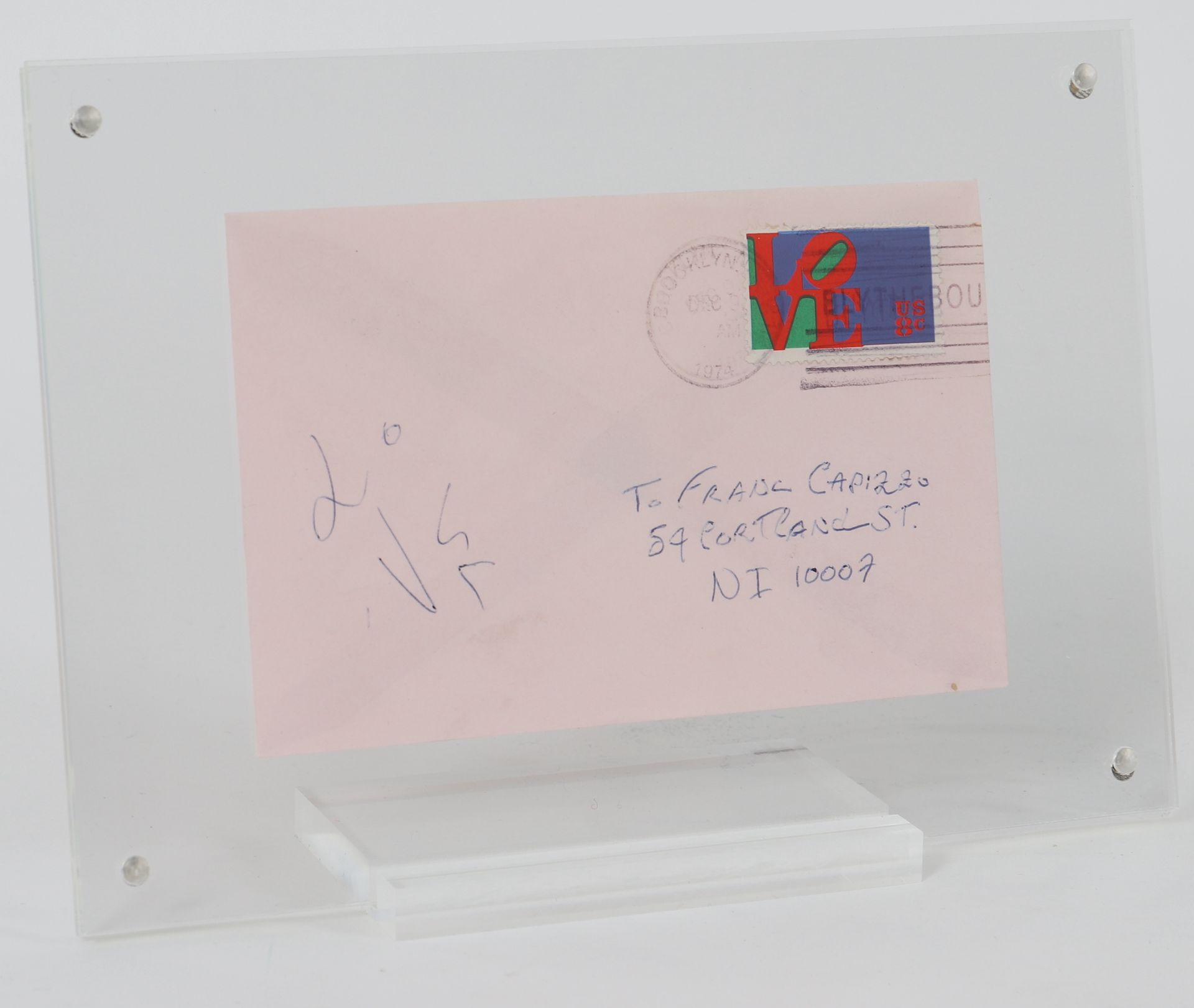 Null 罗伯特-因迪亚纳（1928-2018）之后 
信封上取消了1974年的LOVE邮票 
背面有签名 
视线尺寸：高：9.5；宽：14厘米