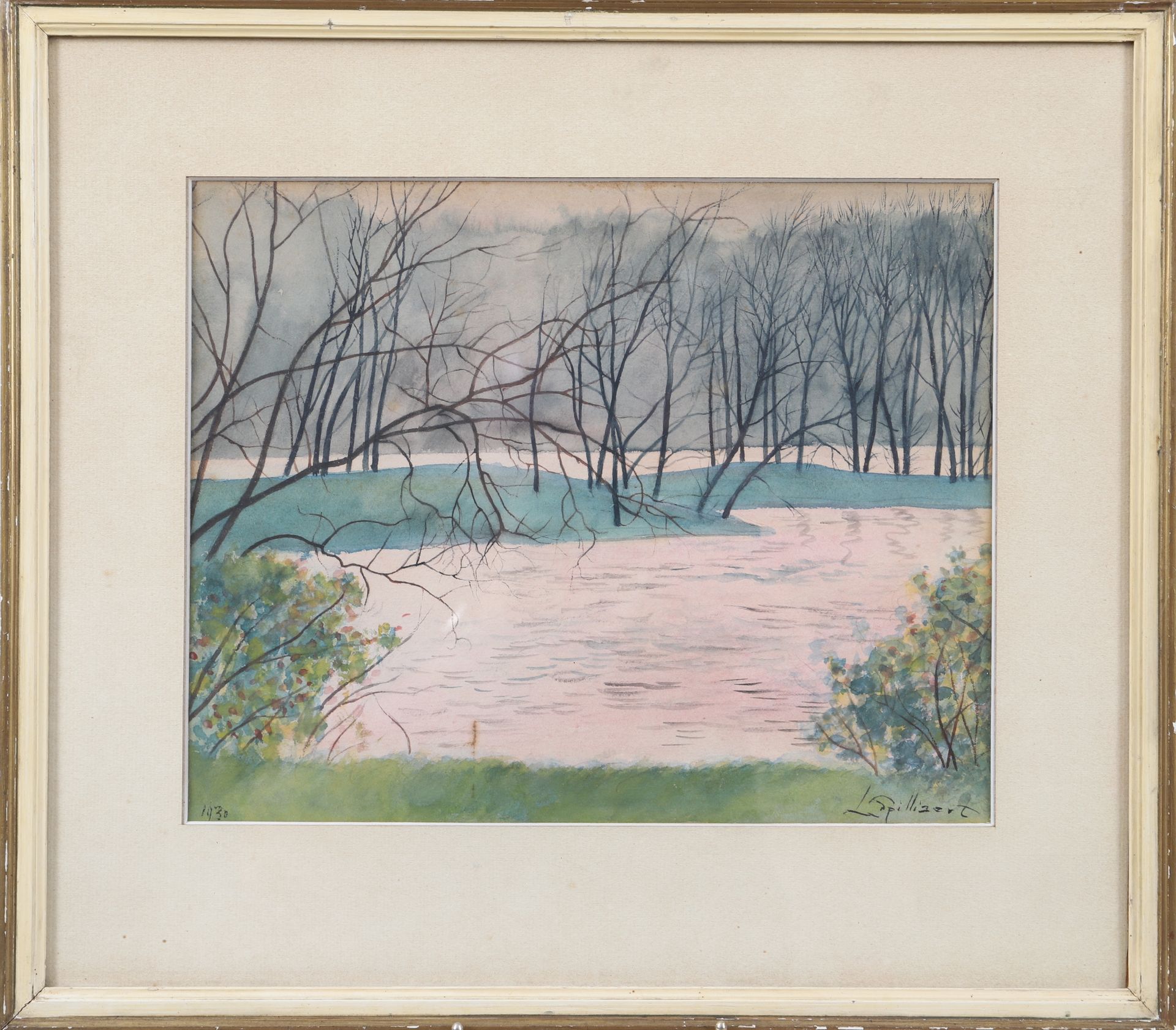 Null 莱昂-斯皮利亚尔（1881-1946 年）
从奥斯坦德玛丽-亨丽埃特公园的池塘眺望黎明湖景。
罕见的水彩画，右下方有签名
同一主题的系列作品之一。 
&hellip;