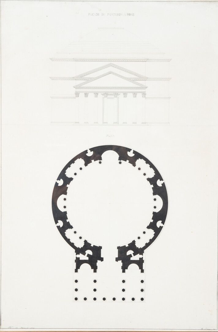 Null Ecole du XIXème siècle. "Façade et plan du Panthéon à Rome", dessin à l'enc&hellip;