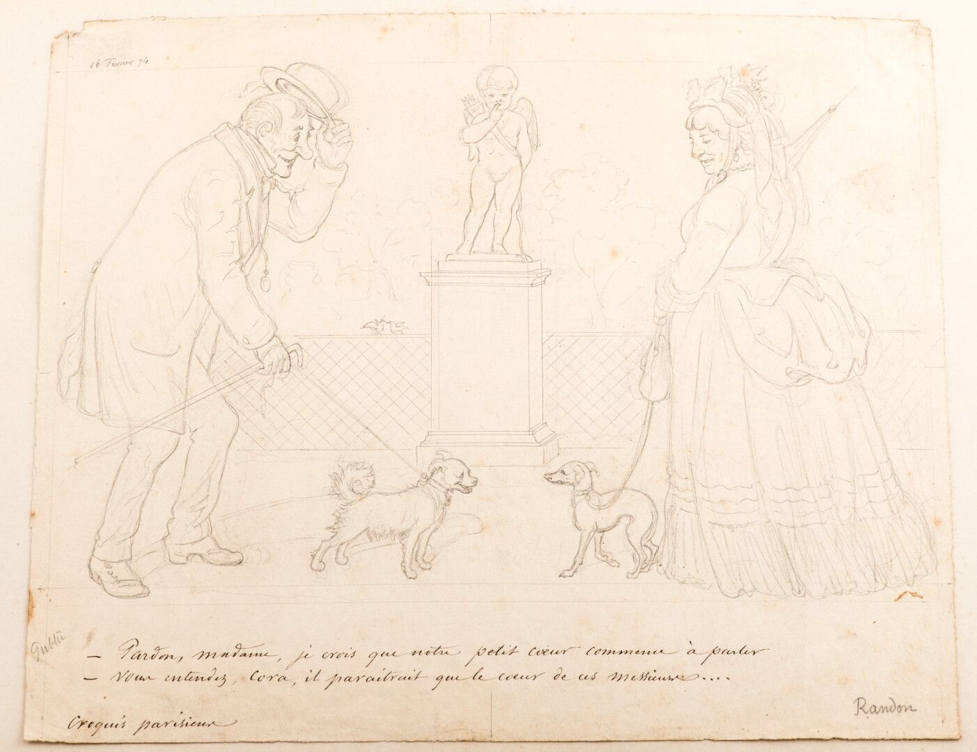 Null 吉尔伯特-兰登（1811-1884）。"巴黎素描"，铅笔画，有墨水说明，显示一男一女在丘比特雕像的注视下遛狗。左上角注明日期为1974年2月16日，右&hellip;