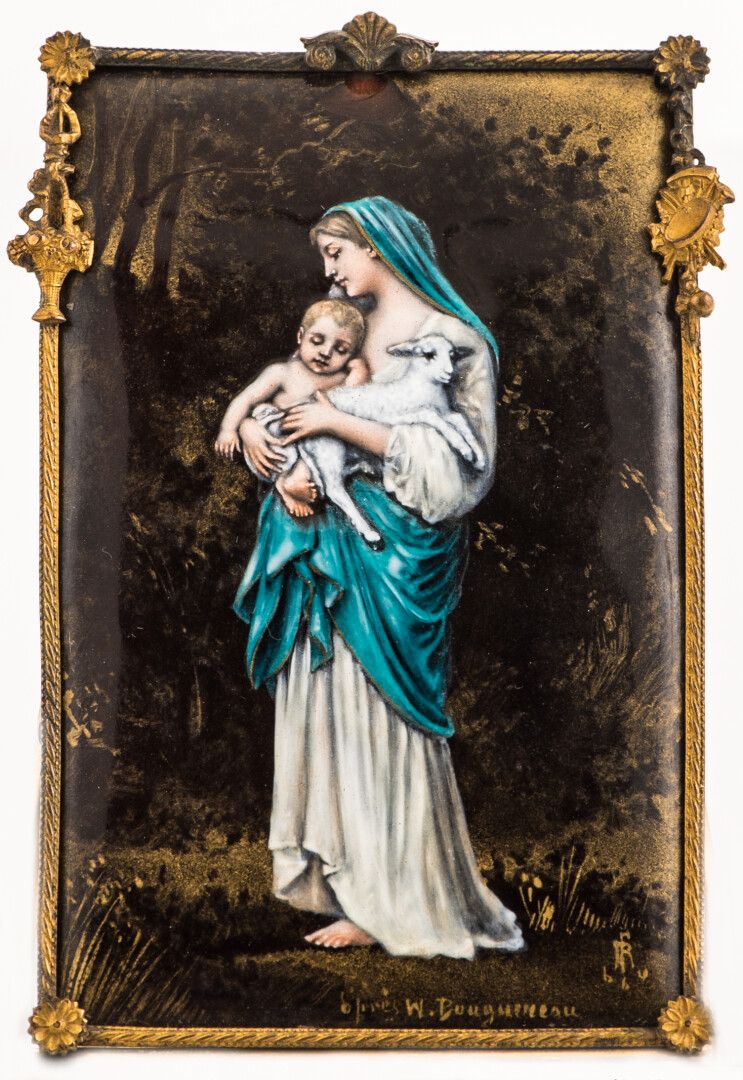 Null 在William BOUGUEREAU之后。"圣母与羔羊"，铜质珐琅，右下角有字，铜框（10.5 x 6.5厘米