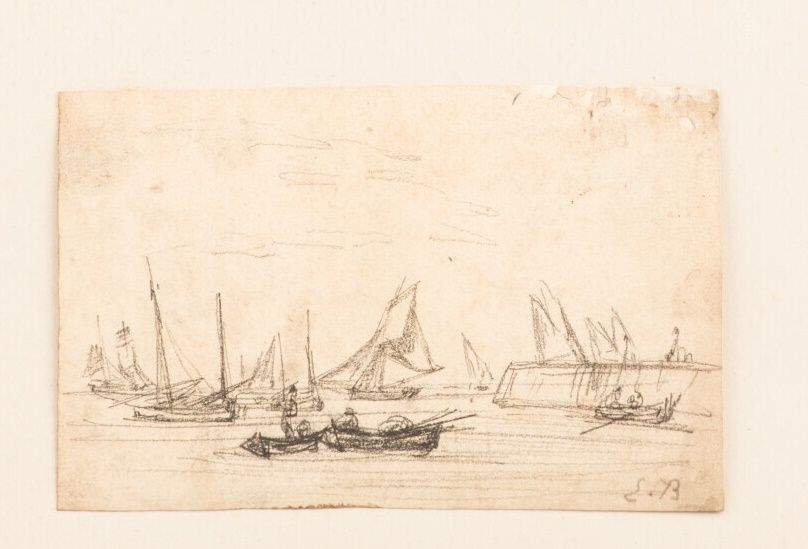 Null 欧仁-布丁 (1824-1898)

带船的渔民，约1854-1860年

纸上铅笔。

右下角有图案。

10 x 16 cm

(污损和胶水的痕迹&hellip;