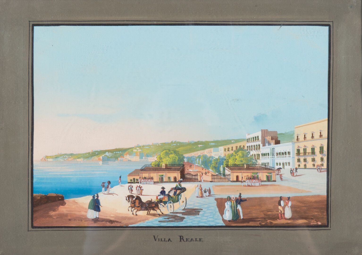 Null 19世纪的那不勒斯画派。"Reale别墅"，纸上水粉画，Pitchpin框架（带框架：36 x 47厘米