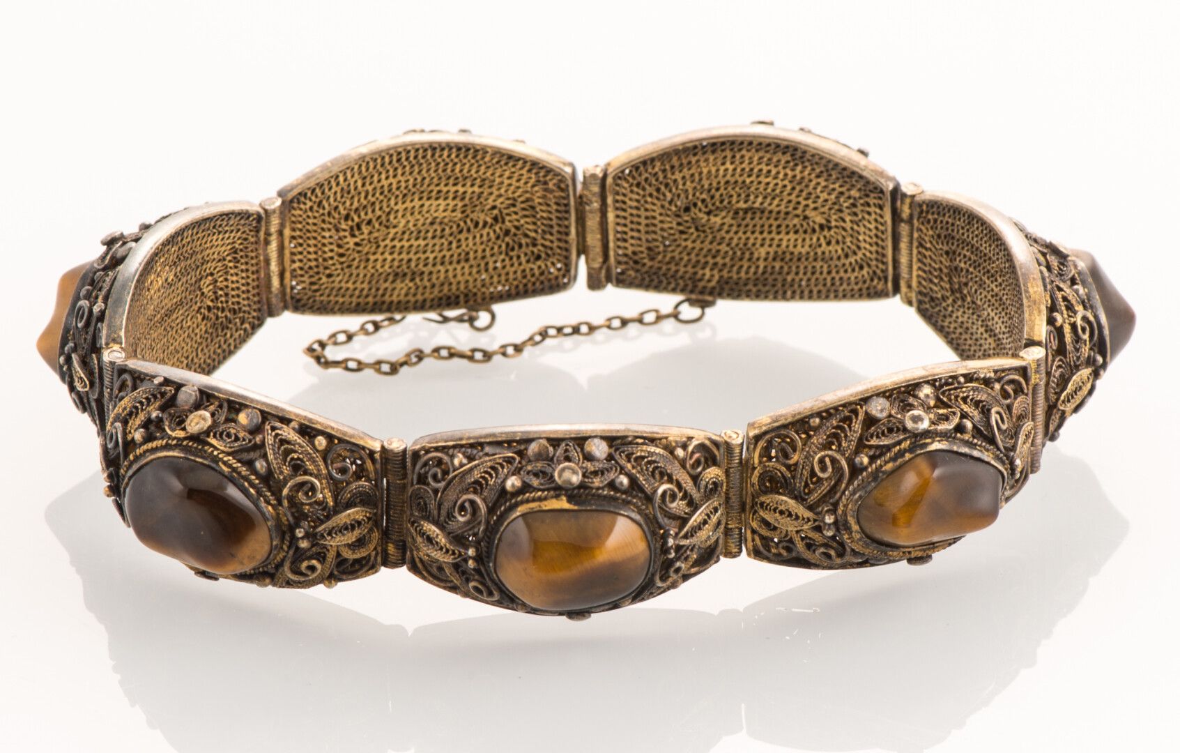 Null Bracelet in filigree silver vermeil decorated with 7 tiger's eye cabochons,&hellip;