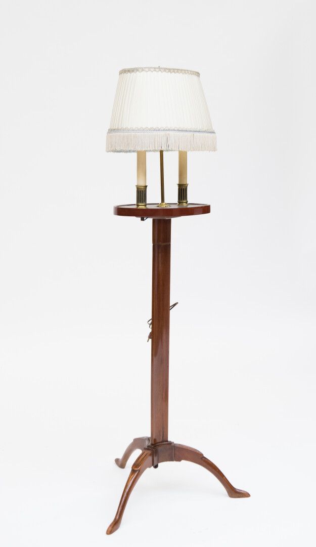 Null A mahogany and mahogany veneer two-light floor lamp, with a fluted tripod b&hellip;
