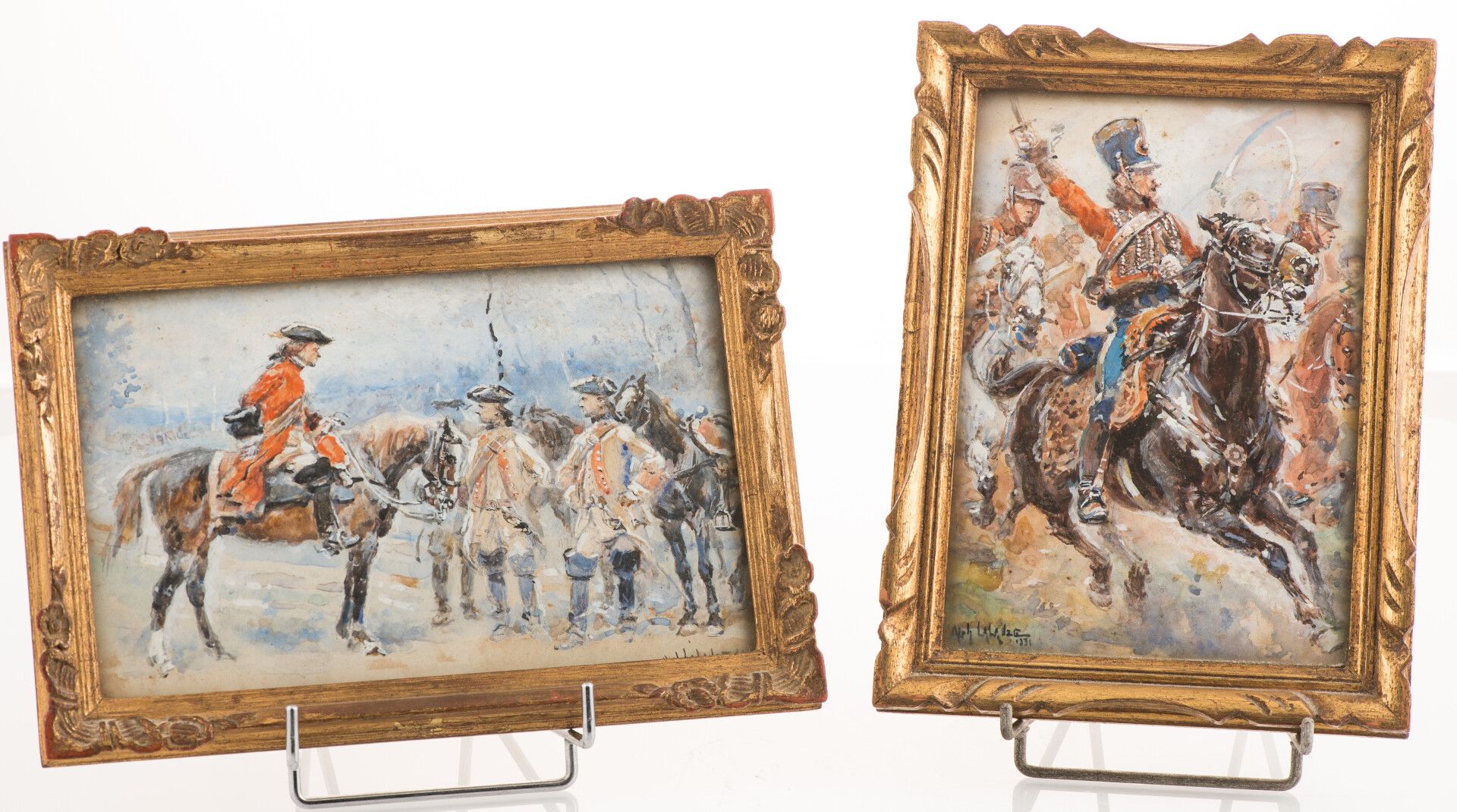 Null 阿尔方斯-拉鲁兹（1872-1936）。"Charge de hussards "和 "Halte de cavalerie"，两套水粉画和水彩画，签&hellip;