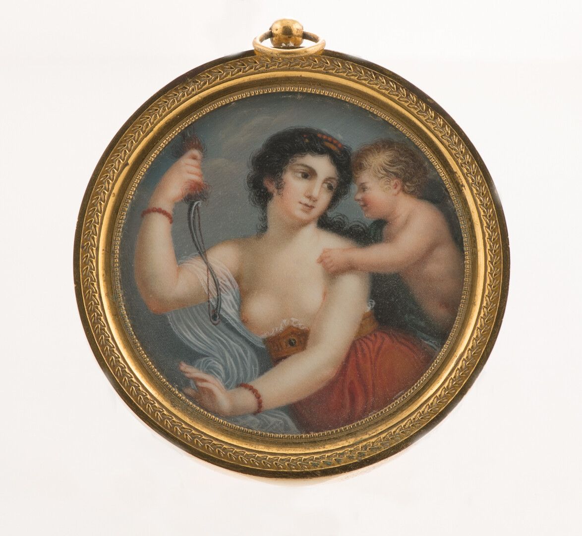Null Ecole fin XIXe. "Vénus et cupidon", miniature, gouache sur ivoire, à vue ci&hellip;