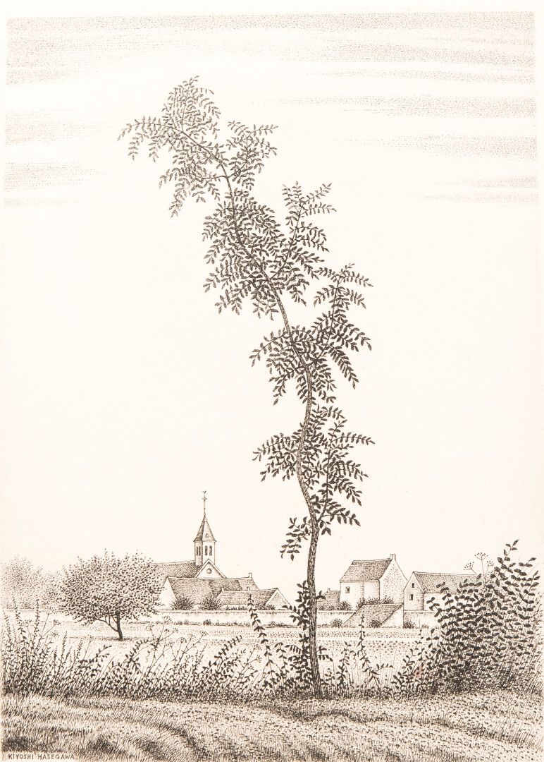 Null Kiyoshi HASEGAWA (1891-1980). "Dorf mit Glockenturm und Baum", Kaltnadel au&hellip;