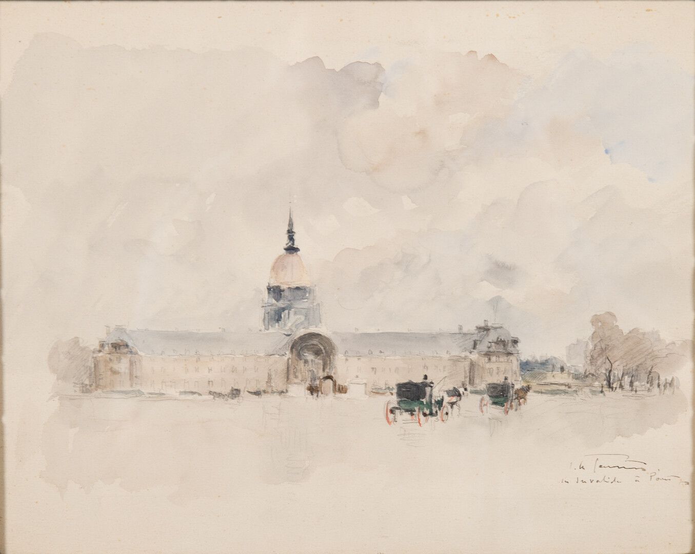 Null 约瑟夫-玛丽-勒图尼埃（1892 - 1972）。"Invalides酒店"，纸上水彩和石墨，右下角有签名，镀金木框（24.5 x 30厘米