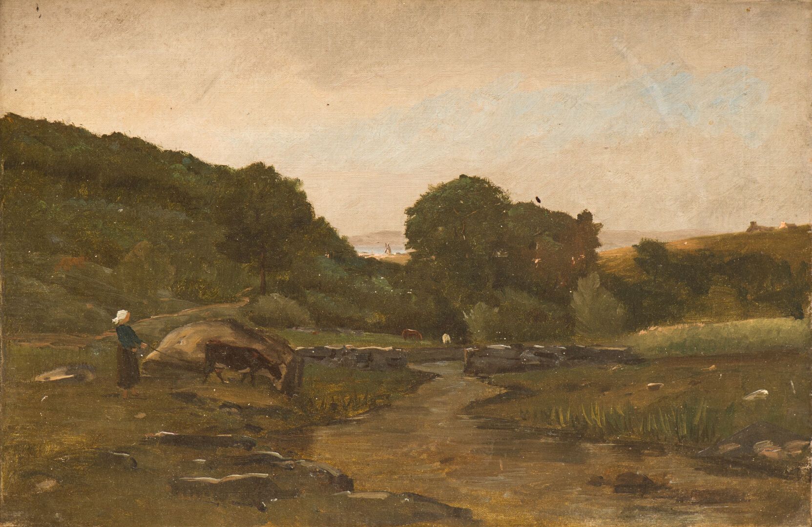 Null Édouard LECONTE (1837-1869). "Paysage de Bretagne avec vache et paysanne", &hellip;