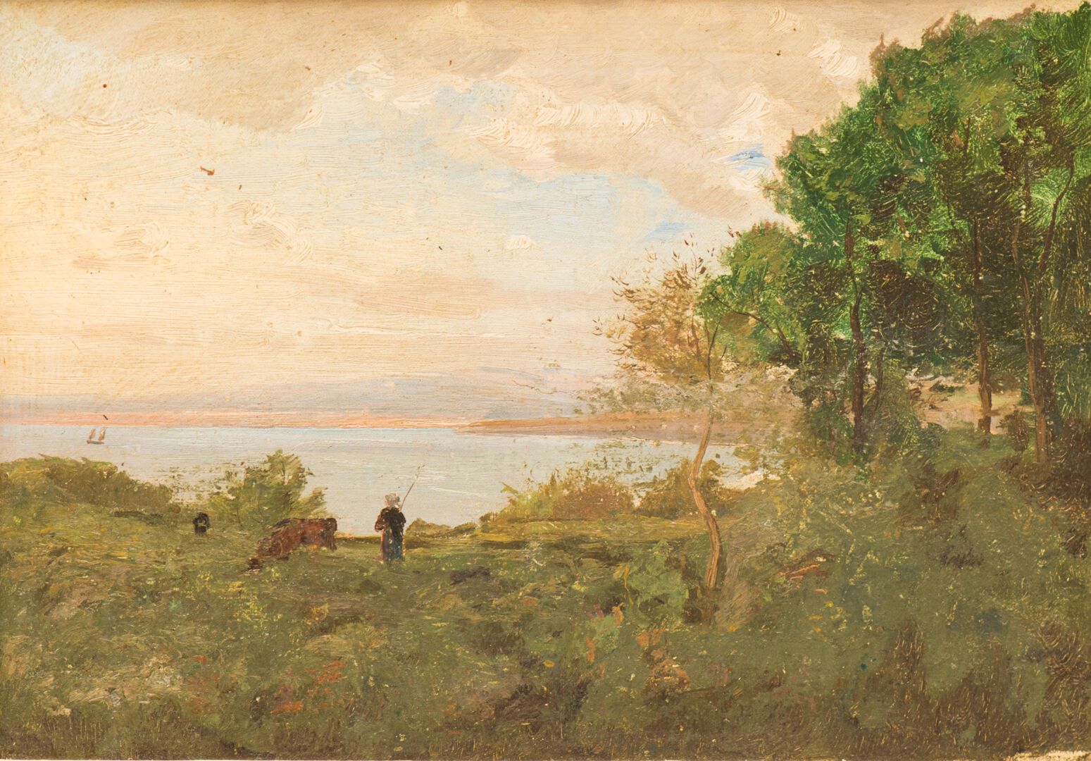 Null 爱德华-勒康特（1837-1869）。"布列塔尼风景与牛和布列塔尼女人》，布面油画，无签名（视图：20,5 x 29,5 cm）。