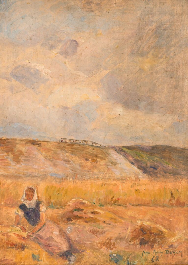 Null 雷米-杜赫姆（1891-1915）。"有田地和山丘的农民"，面板油画，右下角署名 "by Rémy Duhem / h. D."(33 x 23,5 &hellip;