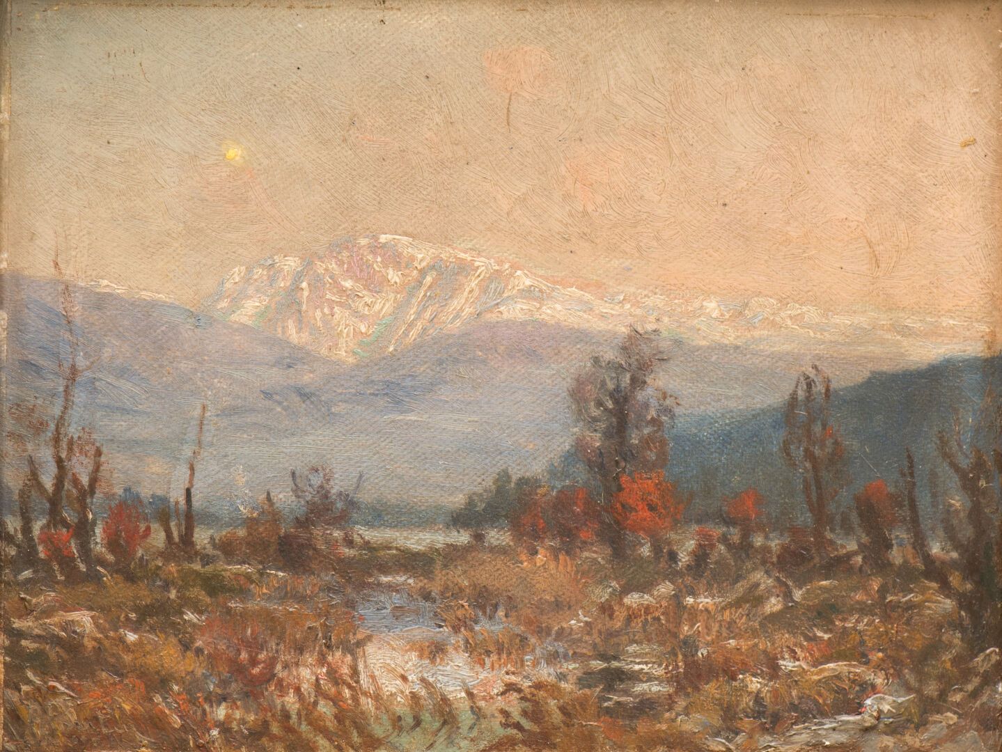 Null 安德烈-莱昂-阿尔贝坦（1867-1933）。"最后的光芒：从Fontaine（伊泽尔）看到的Taillefer"，油画板，左下角签名，背面有标题（x&hellip;