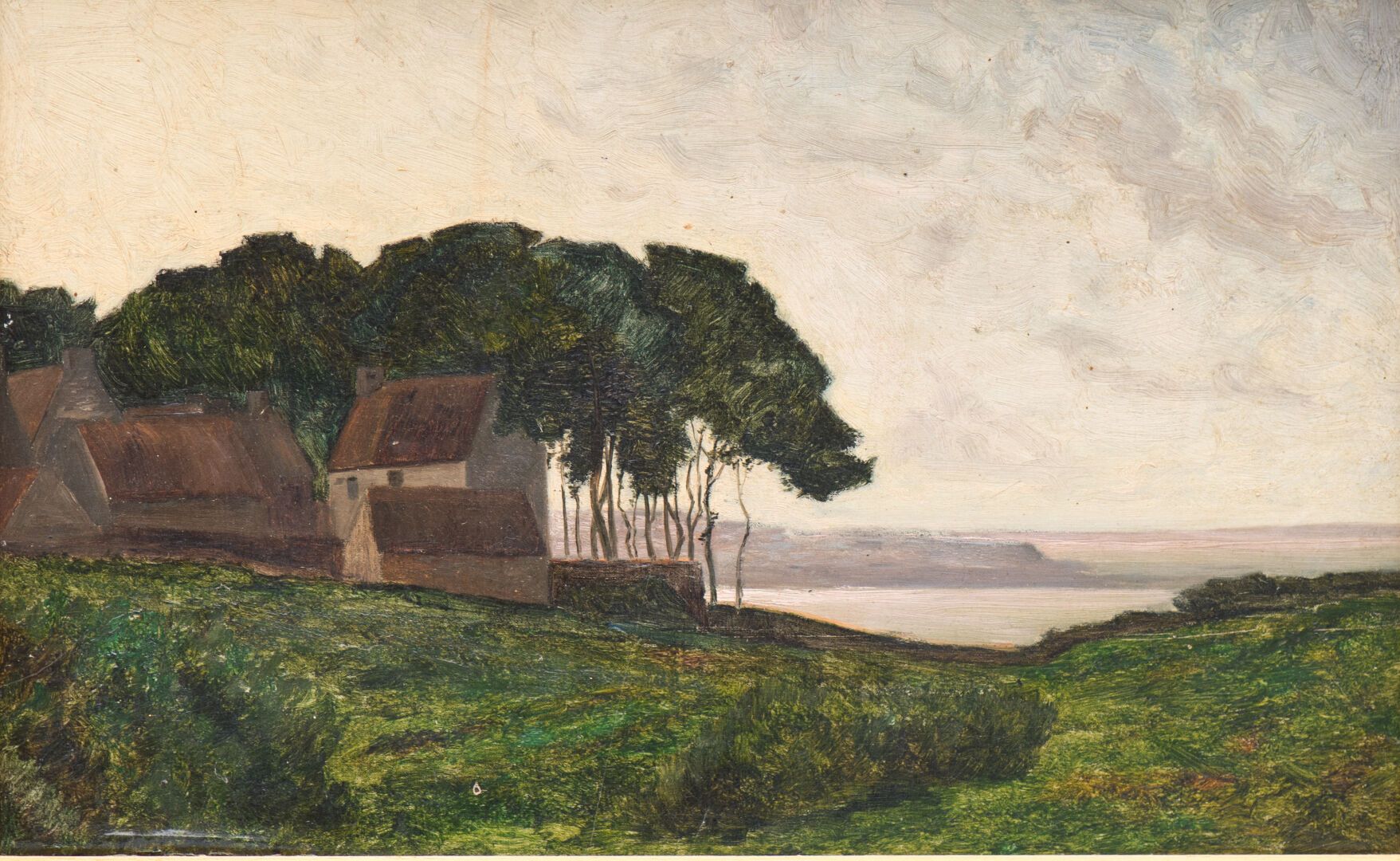 Null 爱德华-勒康特（1837-1869）。"布列塔尼黄昏的风景"，布面油画，未署名（视图：23 x 37厘米）（小提）。