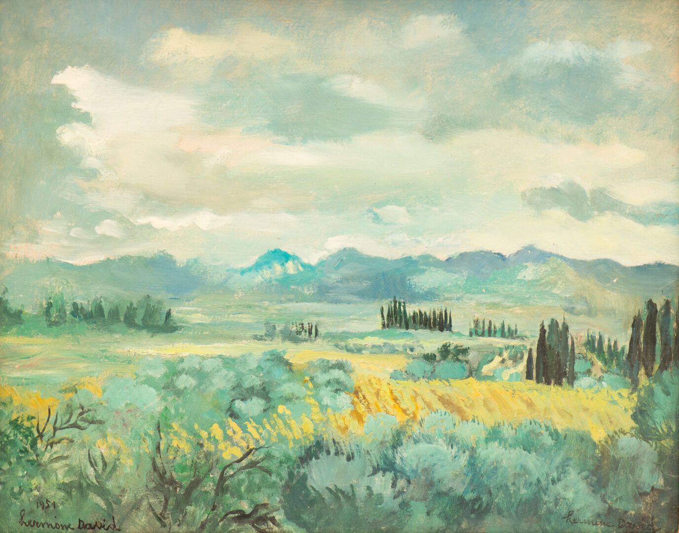 Null Hermine DAVID (1886-1970). "Paysage provençal", huile sur panneau signée et&hellip;