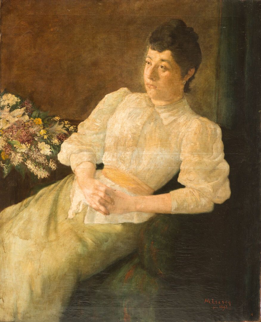 Null M. LECOCQ（第十九至二十届）。"拿着花束的年轻女人"，布面油画，右下角签名，日期为 "1893年6月"（100 x 81,5厘米）（无画框）