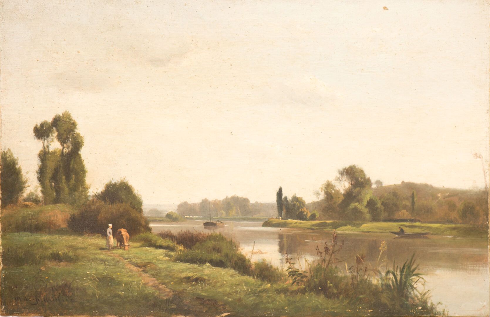 Null Marcelin DE GROISEILLIEZ (1837-1880). "Belebte Flusslandschaft mit Kahn, Bä&hellip;