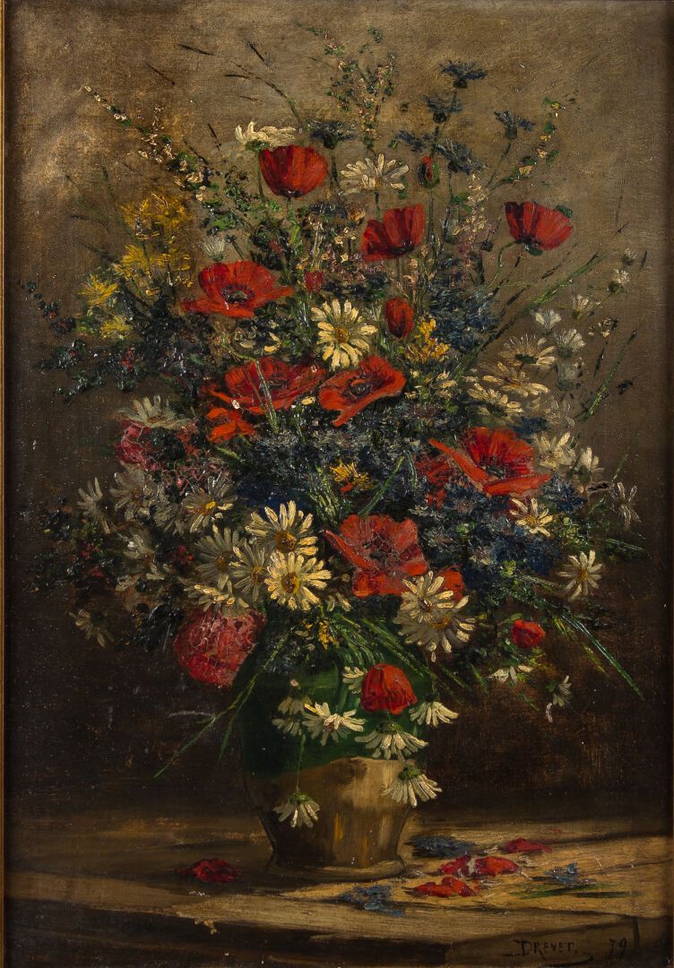 Null DREVET（20岁）。"Bouquet de fleurs des champs"，布面油画，右下角签名，日期为 "79"，布面油画（73 x 50&hellip;