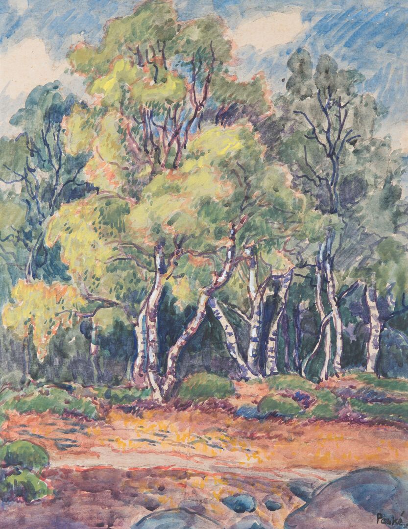 Null Jean PESKÉ (Jan Miroslaw Peszke) (1870-1949). "Paysage aux bouleaux", aquar&hellip;