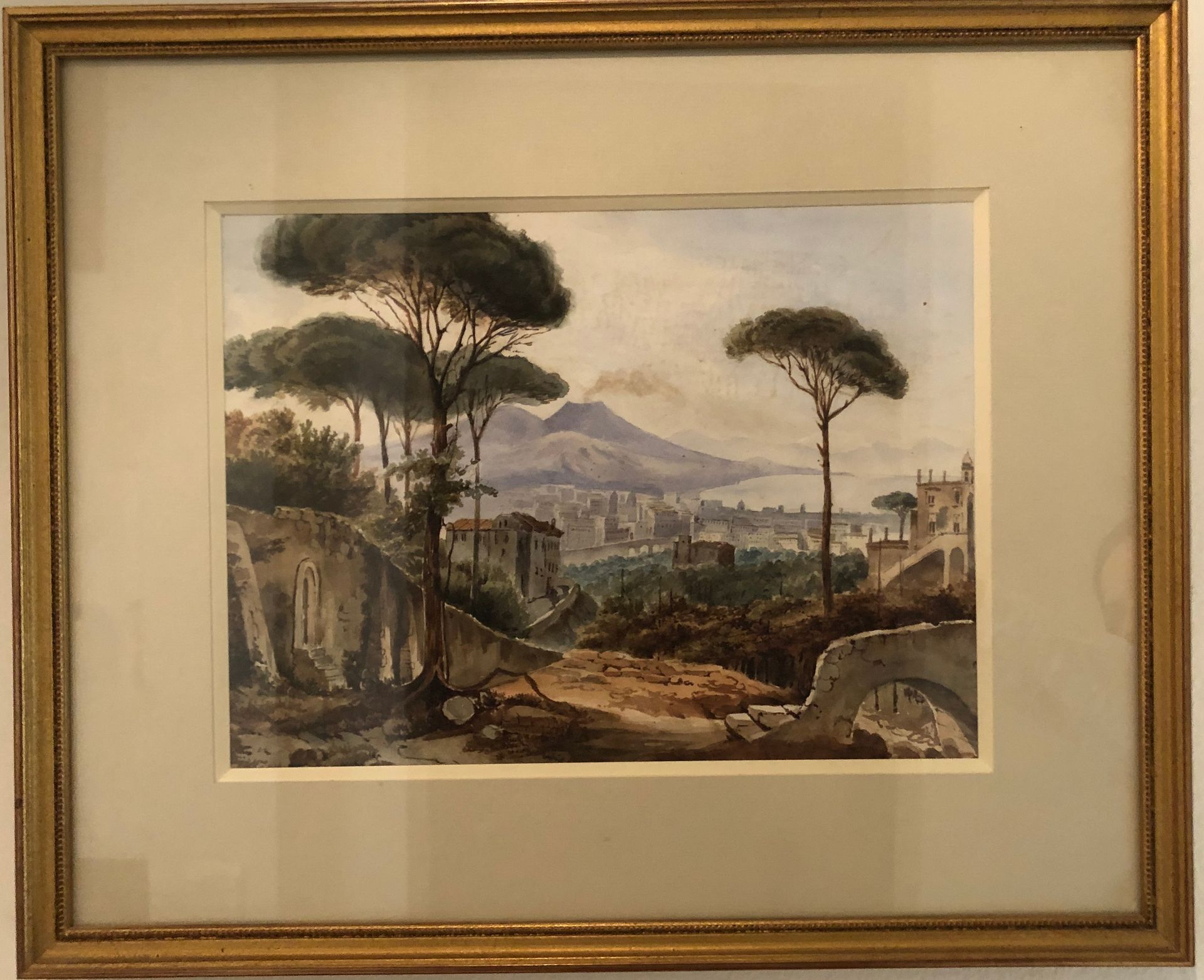 Null 二十世纪的NAPOLITAN学校。维苏威火山的景色。水彩画。视图：20×27.5厘米（框架：34.5×42厘米