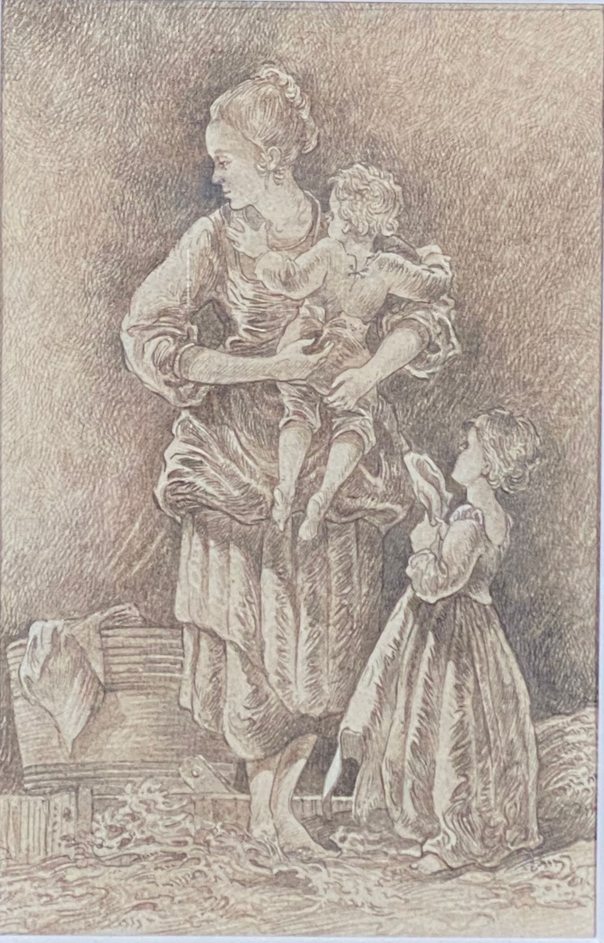 Null Escuela del siglo XX, Mujer y niños, dibujo. Tamaño : 24 x 15,5 cm.
