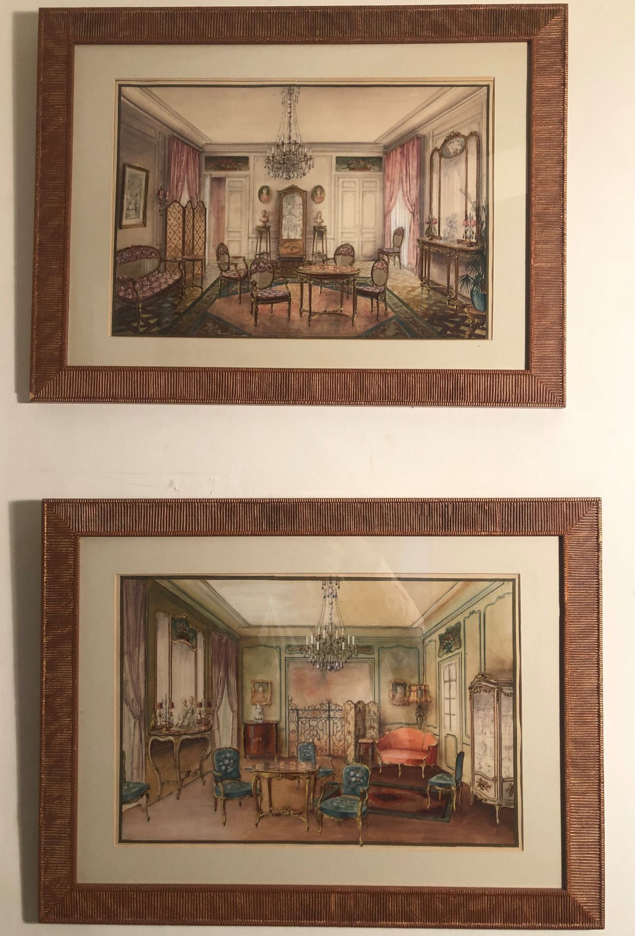 Null 二十世纪的法国学校。路易十五和路易十六风格的室内装饰两幅图。水粉水彩画一对。视图：29 x 44厘米。