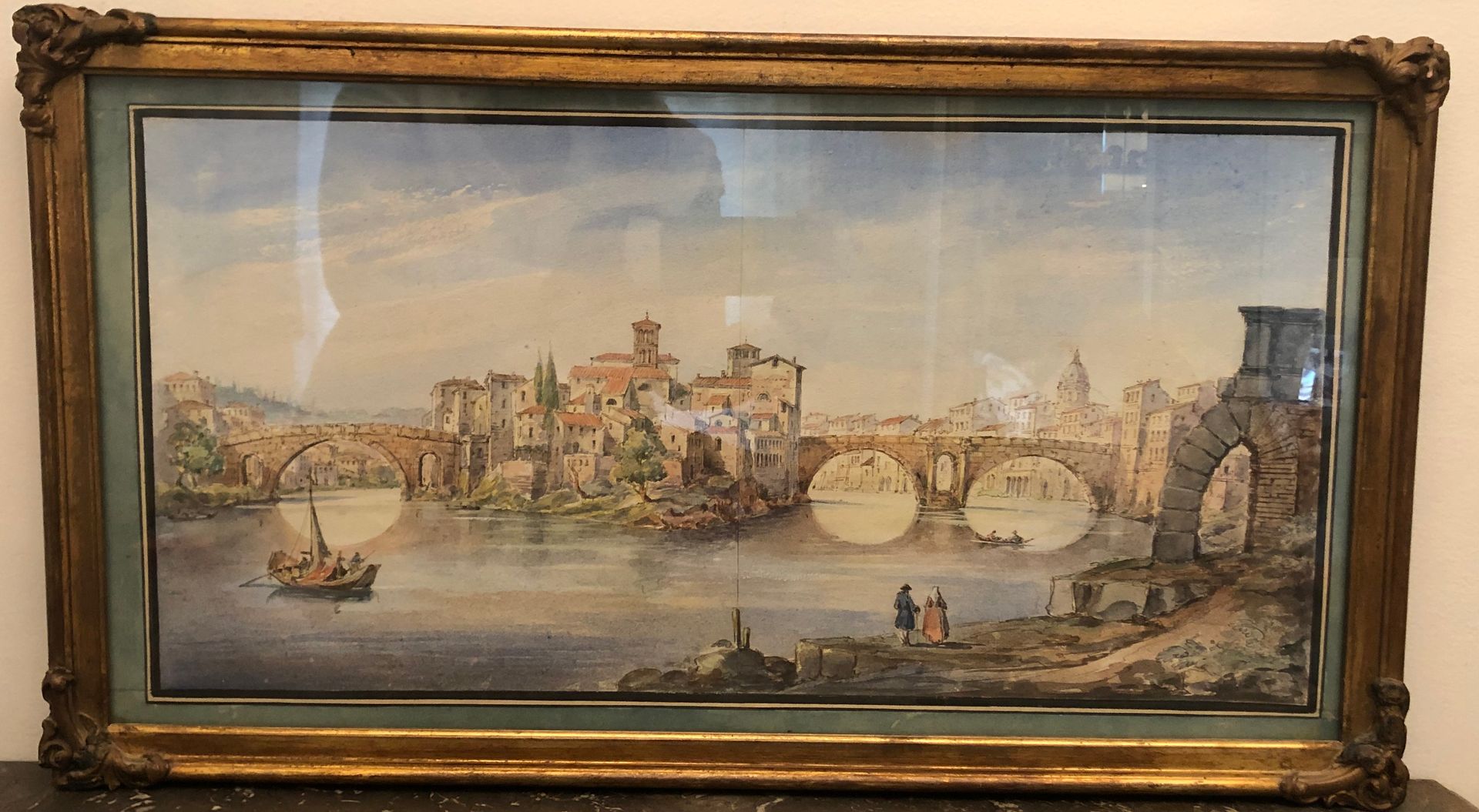 Null 十八世纪末至十九世纪初的意大利学校。有河流、桥梁和纪念碑的Vedute。水彩水粉用铅笔加强，共两张。尺寸：27 x 55,5 cm