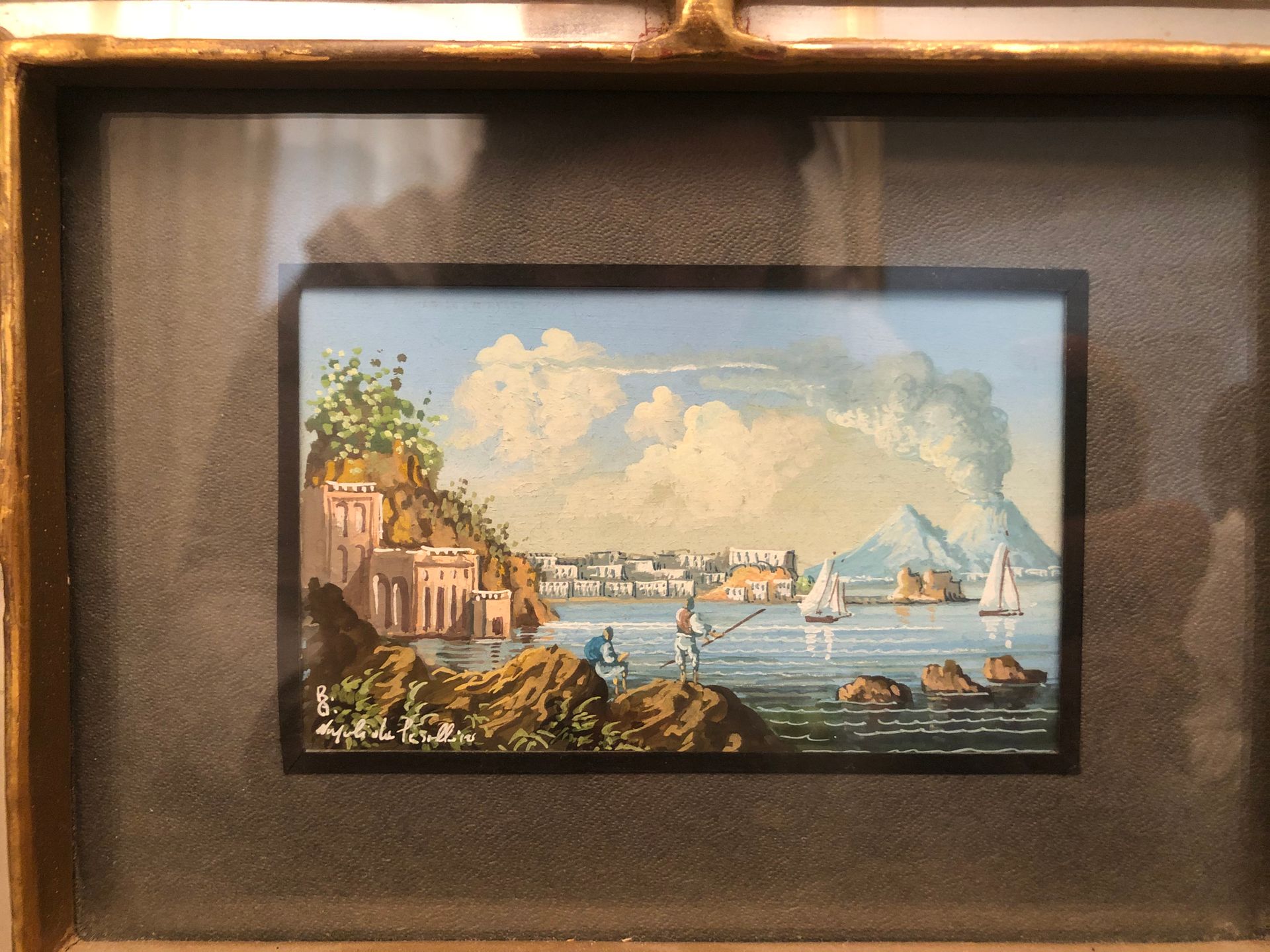 Null 十九世纪末的纳波利特学校。维苏威火山的景色。水粉画。17 x 6,5厘米（框架：23 x 18厘米