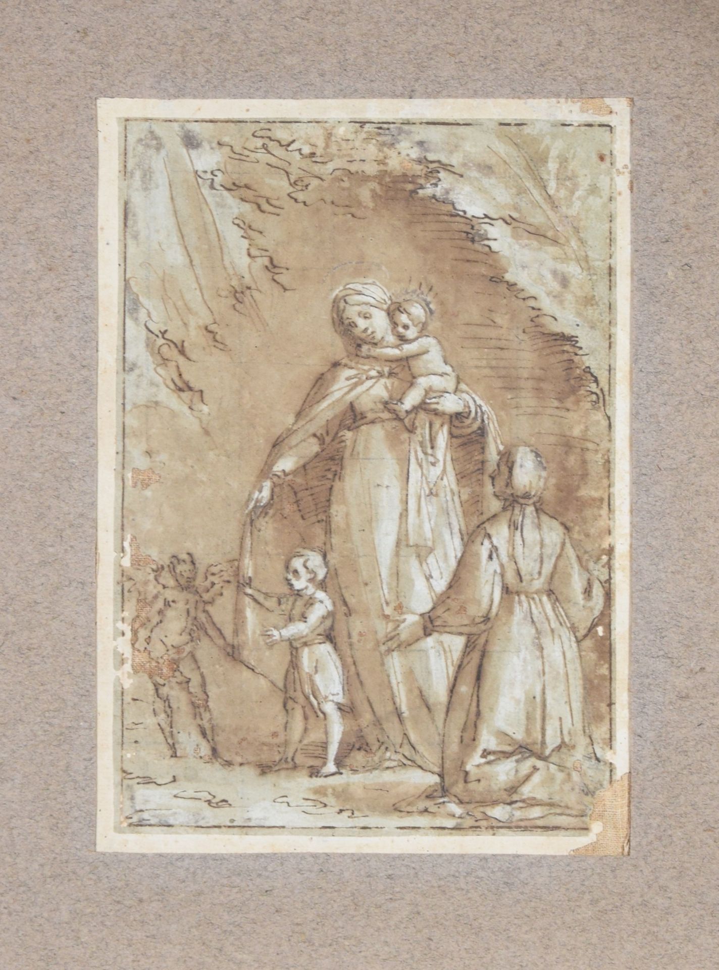 Null 
归功于卢卡-卡姆比亚索（1525-1587）。圣母子与跪在地上的捐赠者和一个孩子。钢笔和棕色墨水，棕色水洗和白色水粉的亮点痕迹。




25 x &hellip;