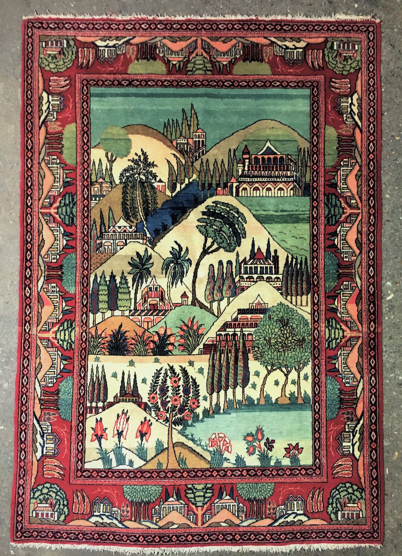 Null Tableaux Kachan地毯（波斯）中心伊朗，棉质的纬线和经线，羊毛的天鹅绒，在原来的基础上编织的画像图案，有树木和山地风景的缩影装饰，大约19&hellip;