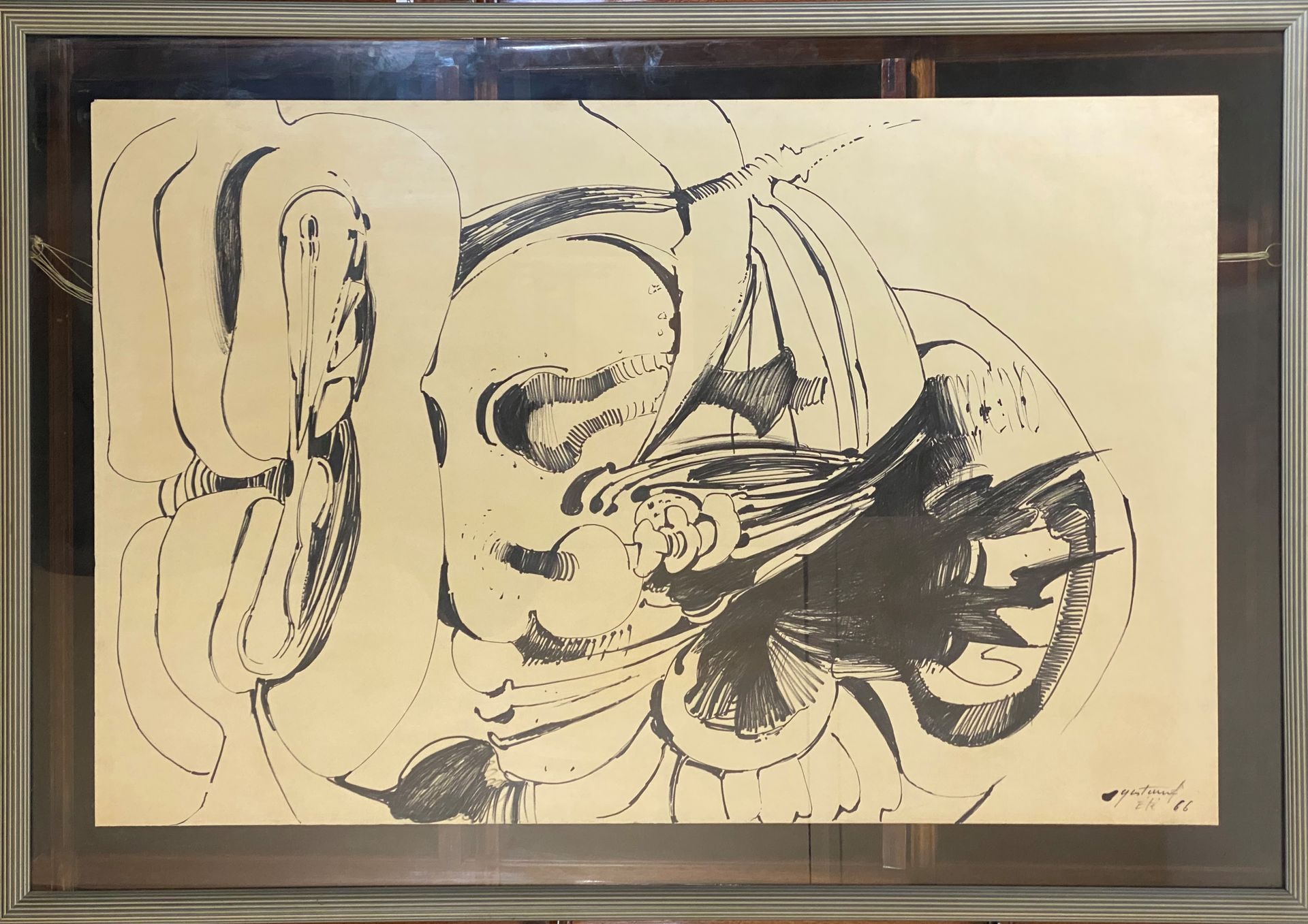 Null Pierre GASTAUD (1920-2009)，抽象构图，黑色毛笔画，右下角有签名和日期Summer 66. 64,5 x 100 cm.