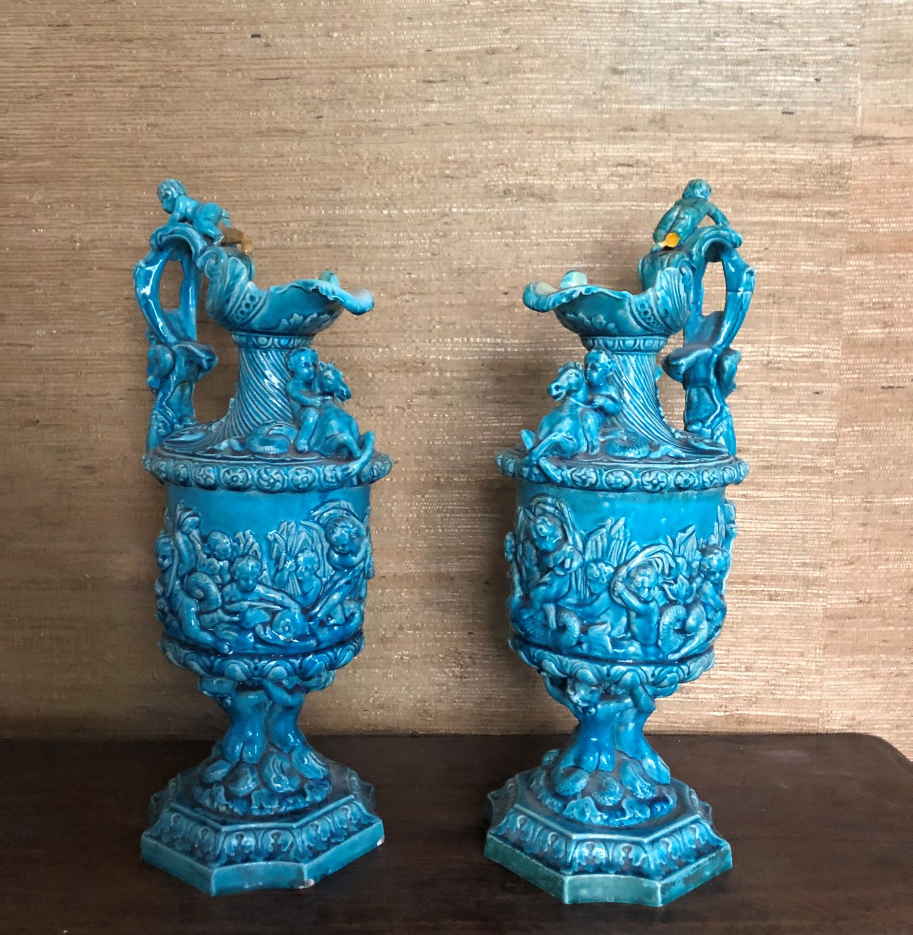 Null Pair of turquoise glazed earthenware AIGUIERES decorated in relief with put&hellip;
