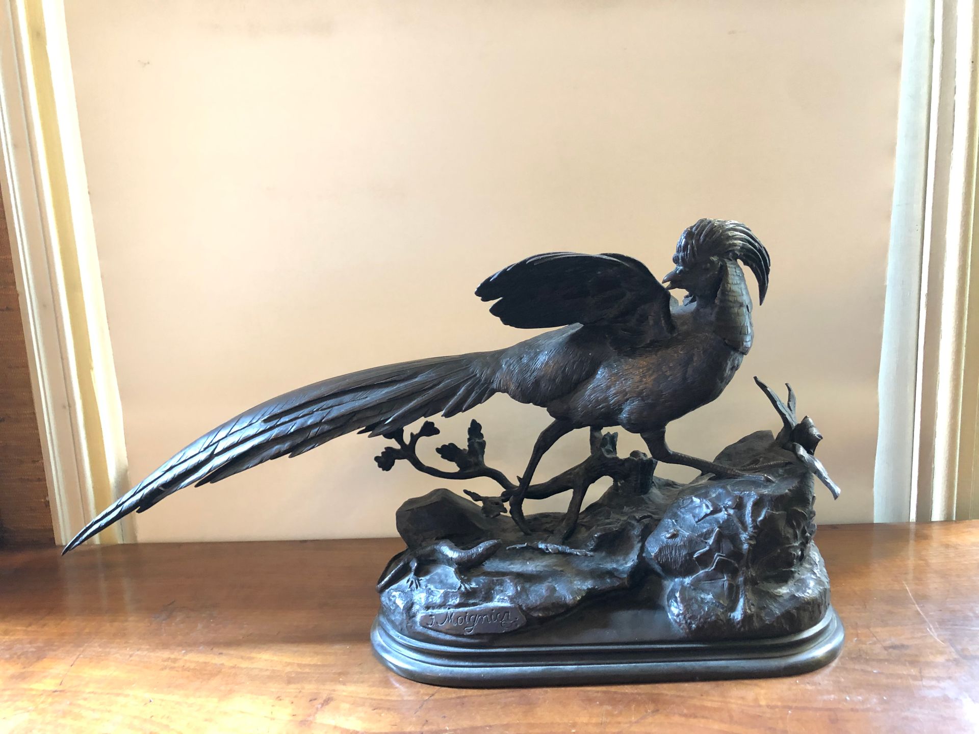 Null Jules MOIGNIEZ (1835-1894)，野鸡和蜥蜴，青铜雕塑，在平台上签名。高度：28厘米；宽度：50厘米。