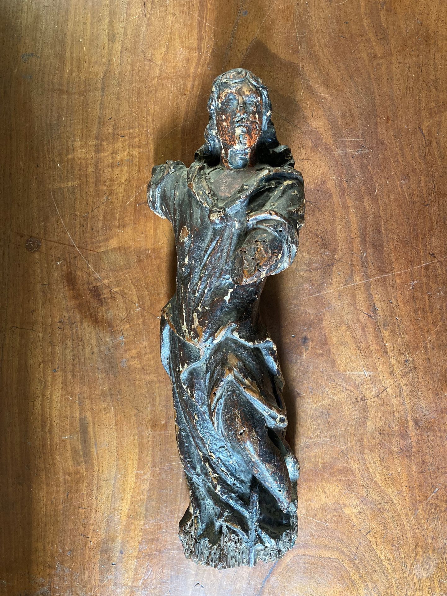 Null 两位圣徒的木雕作品。古老的多色性。高度：29厘米和23厘米（有些部件缺失
