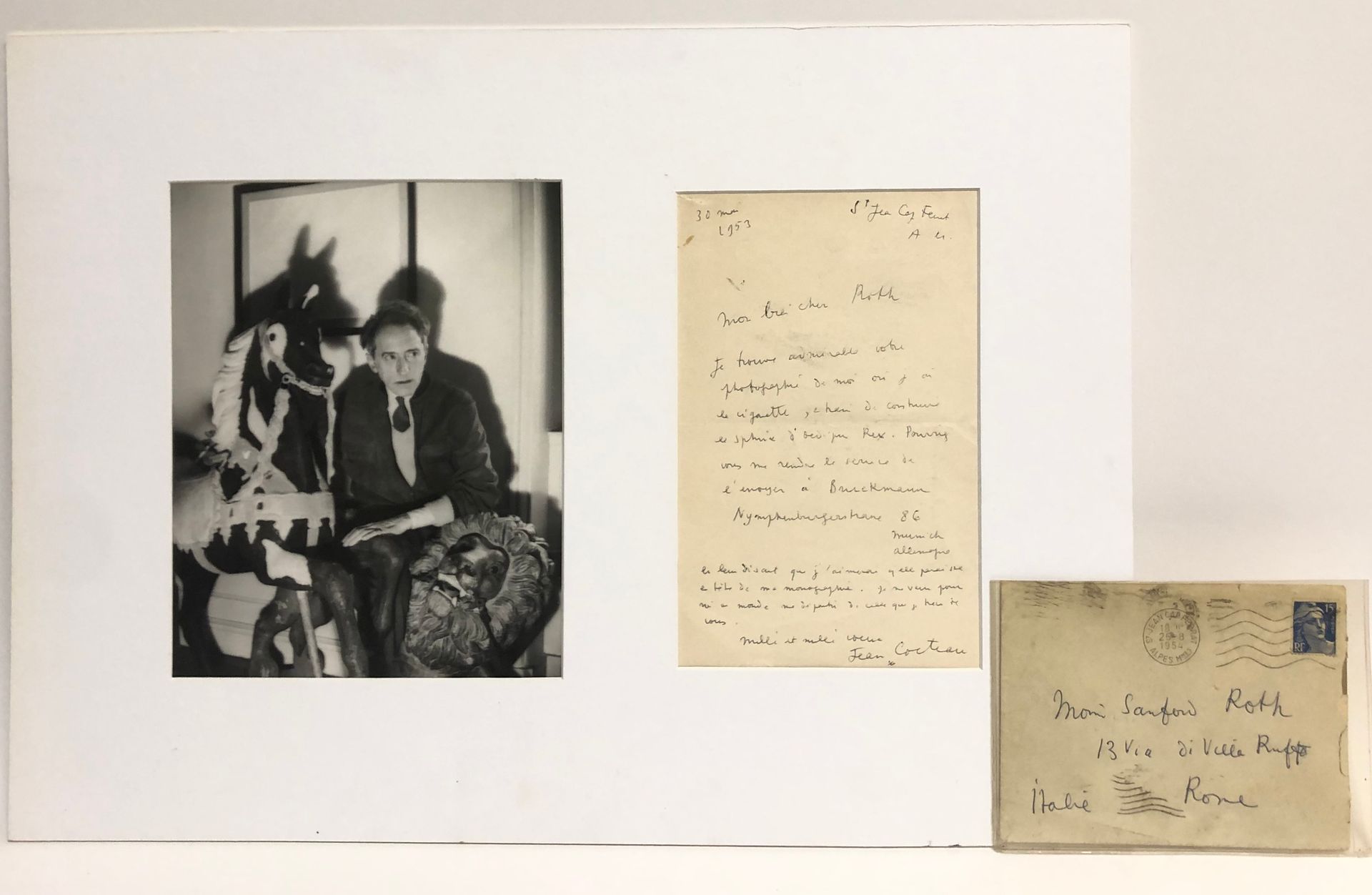 Null 1953年5月30日Jean Cocteau给Sanford Roth的信。在同一个垫子上，有一幅代表让-科克托的银质印刷品。印刷品的尺寸：21,5 &hellip;