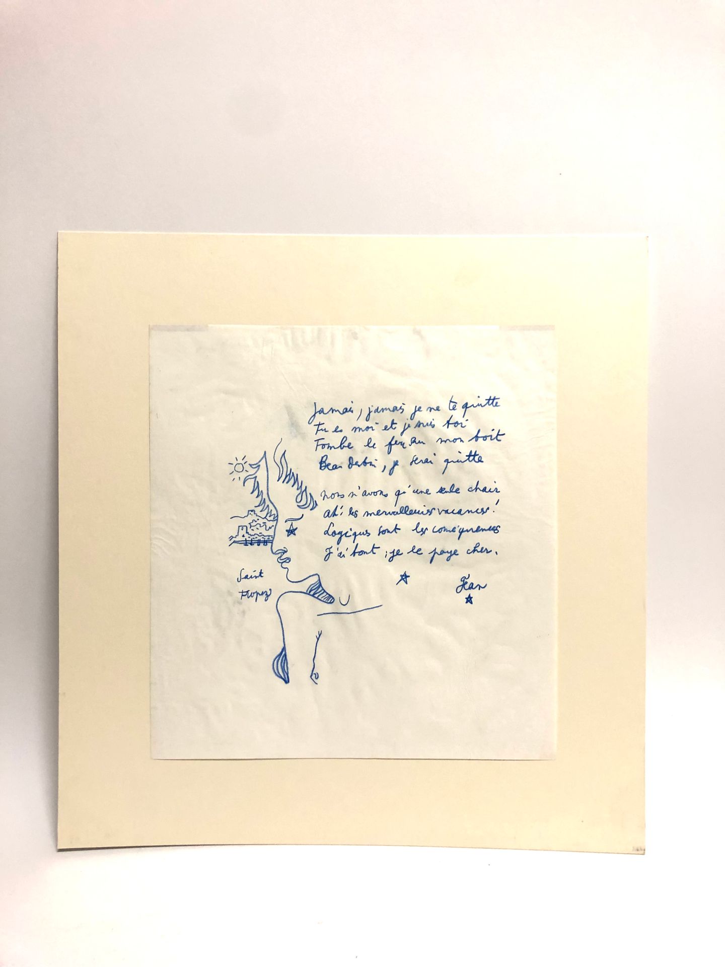 Null 以Jean Cocteau的风格。"圣特罗佩"，诗歌和绘画。蓝色铅笔画，右下角有一个天启式的签名。尺寸：31.5 x 29.5厘米。