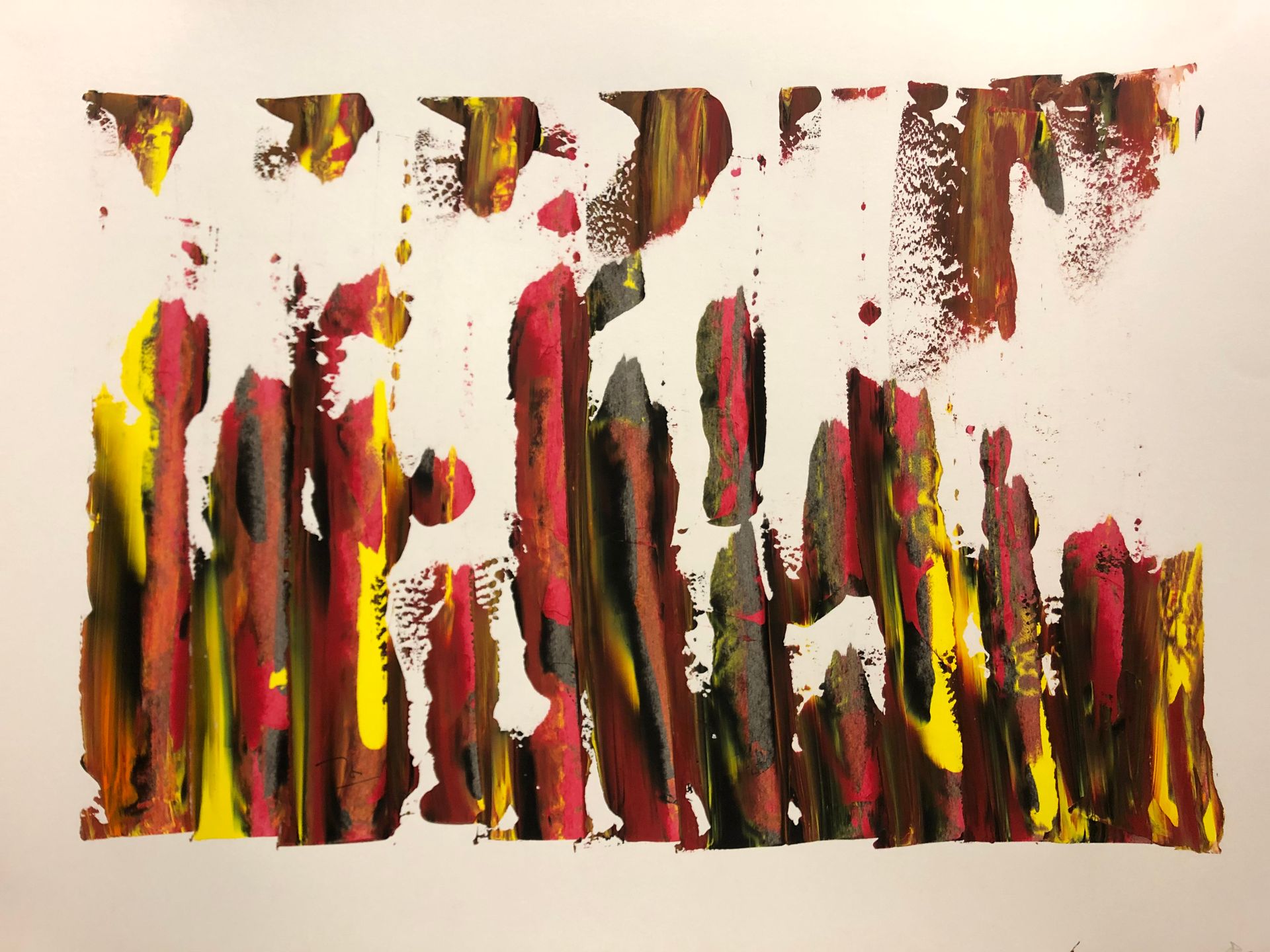 Null 雅克-德盖伊（1924-2019）。赭石色、红色和黄色的抽象构图。丙烯酸在忻州的纸上。尺寸：55 x 73厘米。