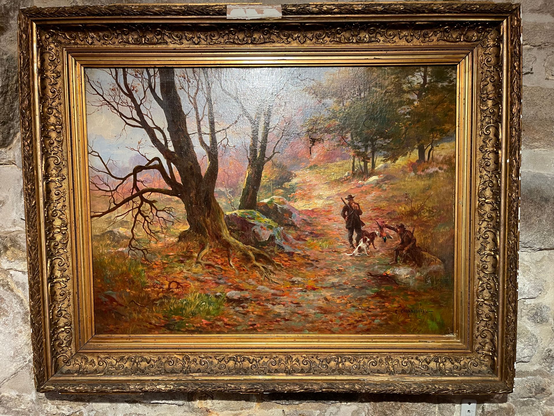 Null 乔治-夏邦纳（1867-1942）。安德伍德与猎人。布面油画，左下方有签名（孔）。57 x 80厘米