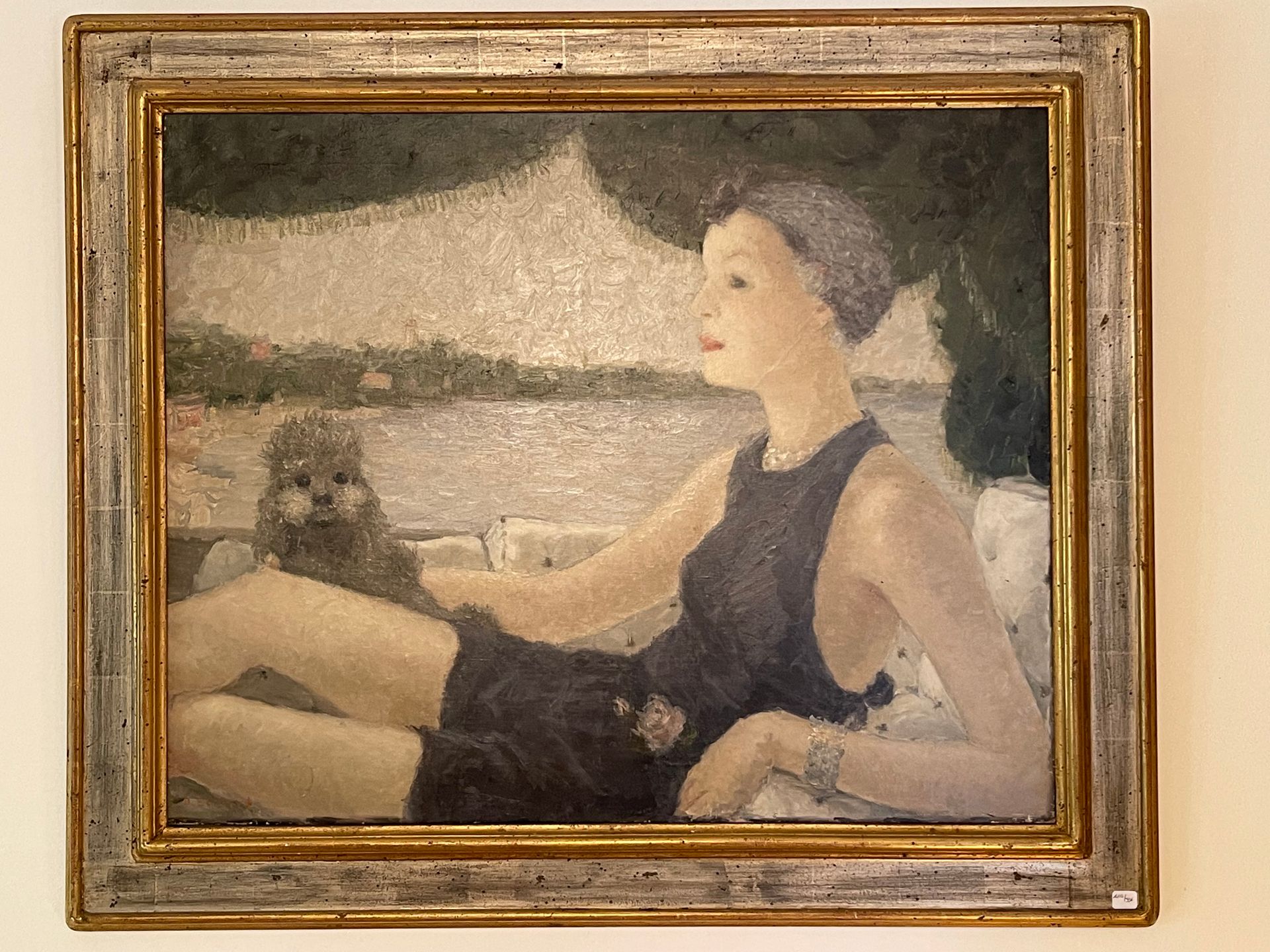 Null 20世纪的学校。戴着浴帽的女人和贵宾犬。布面油画，62 x 80厘米