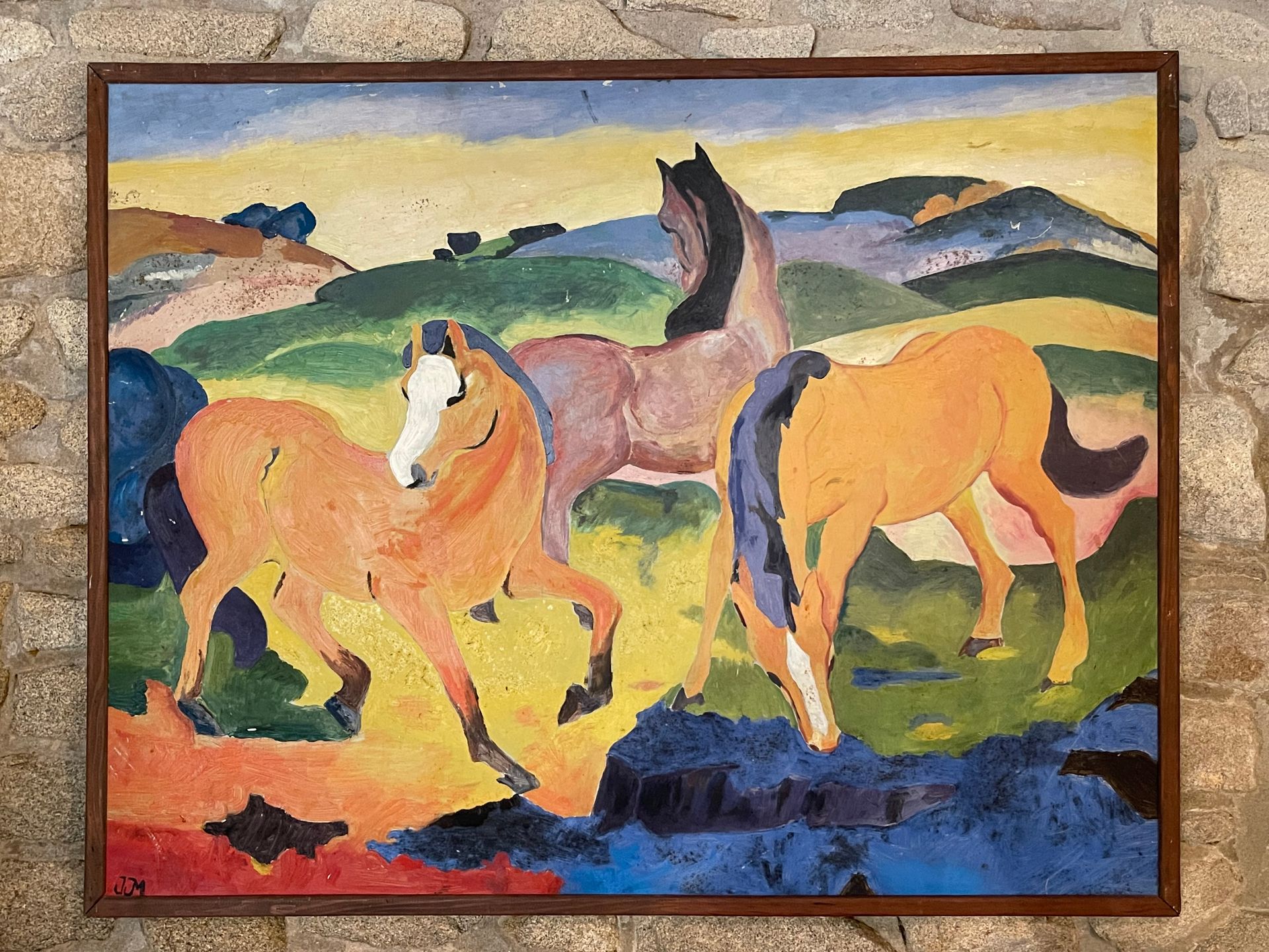 Null 20世纪的学校。马匹。油画，左下方有JJM字样。