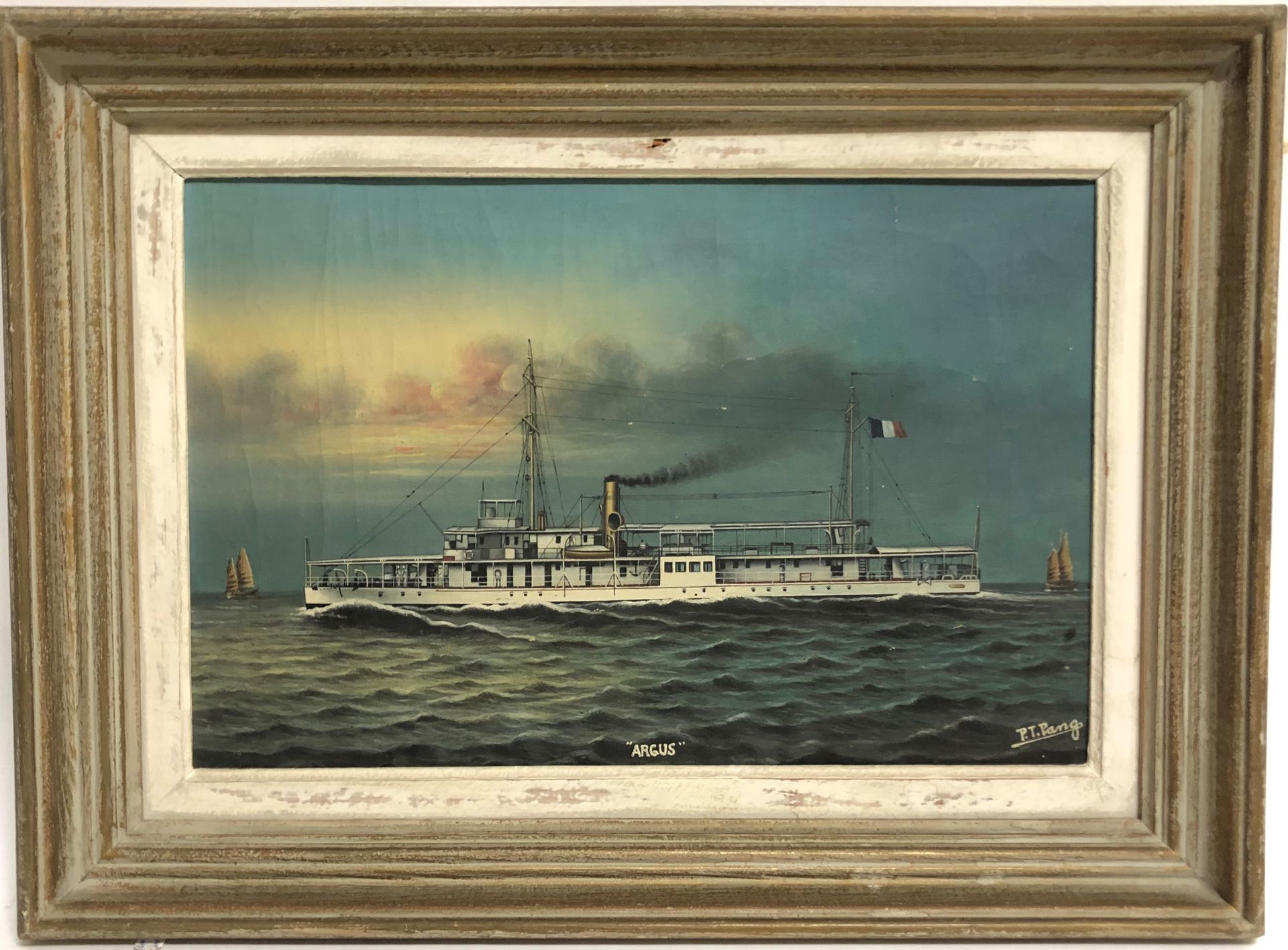 Null 二十世纪的学校。阿古斯号蒸汽船。裱在画板上的油画，右下角署名 "P T Pango"，中下角有标题。27,5 x 42 cm
