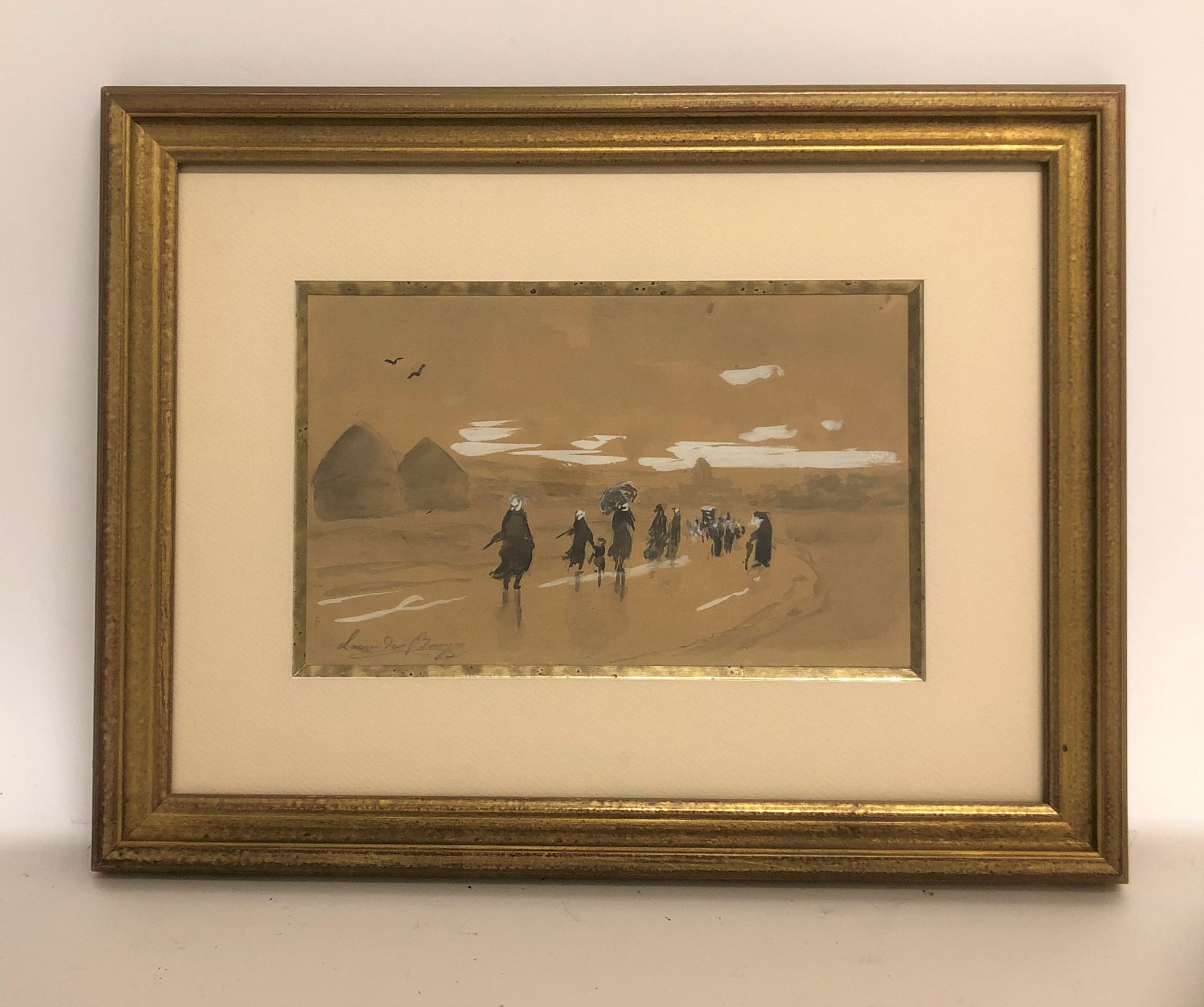 莱昂尼德-布尔热（1838-1909）。动画的布列塔尼之路。用白色水粉强化的印度水墨画，左下角有签名。玻璃框架，镀金木框。 尺寸：12,5 x 20,5厘米。