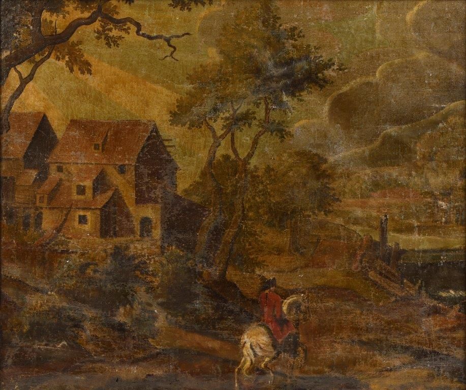 Null Ecole HOLLANDAISE fin XVII-début XVIIIème, Cavalier sur le chemin, Huile su&hellip;