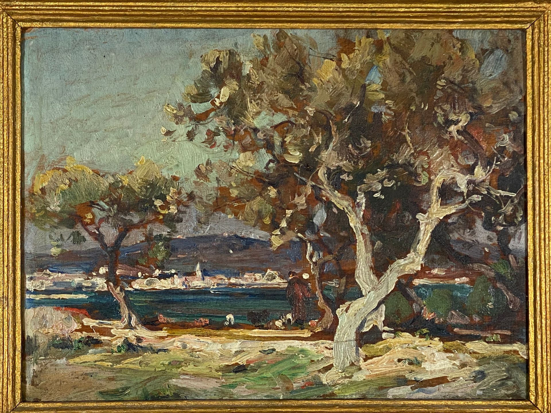 Null 路易斯-阿格利科-蒙塔纳（1879 - 1960）。罗纳河的边缘。油画，右下角有签名的痕迹。尺寸：26 x 34,5 cm (修复的面板)